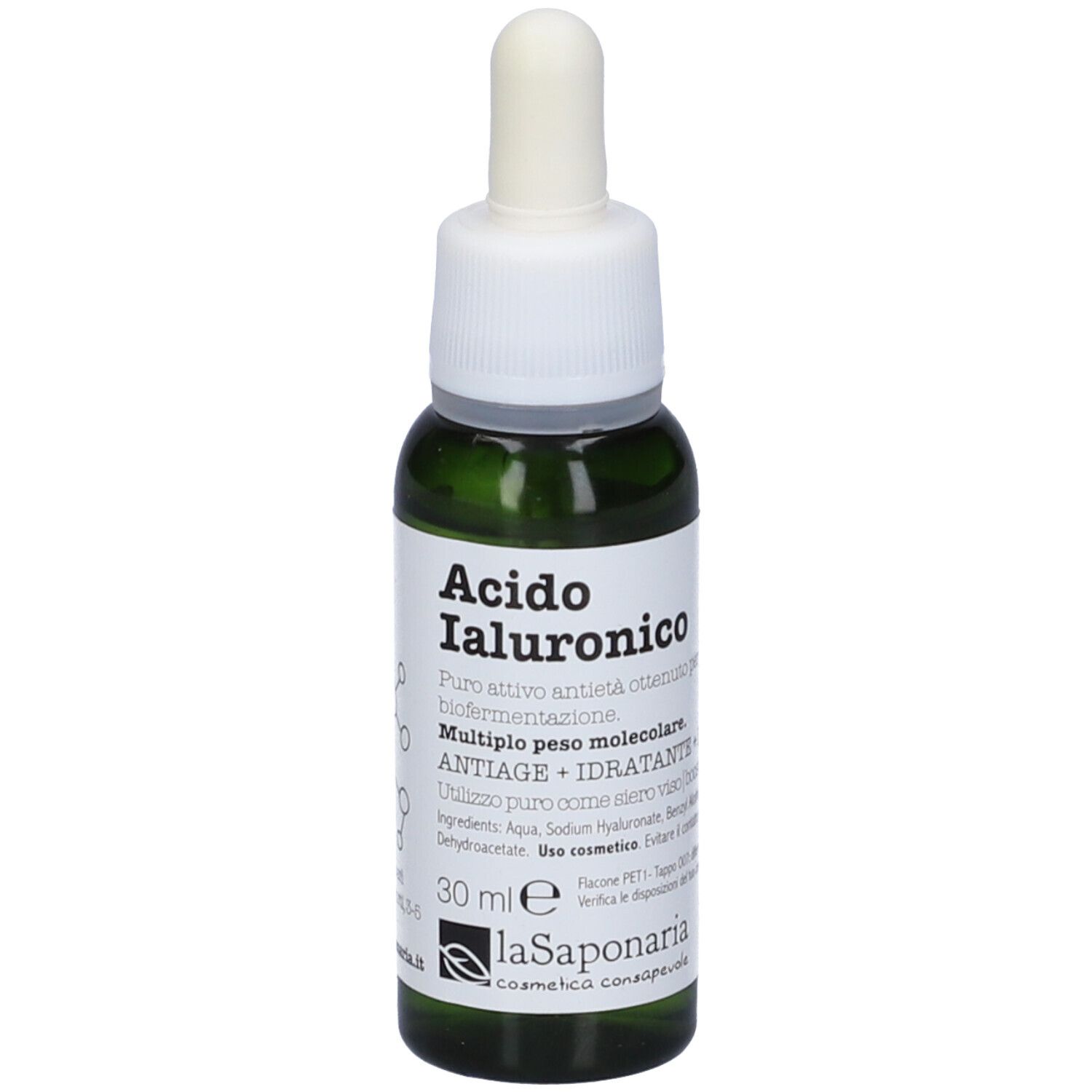 Flacone di vetro verde con tappo bianco e contagocce. Scritta: Acido Ialuronico, 30 ml. Marchio: La Saponaria.