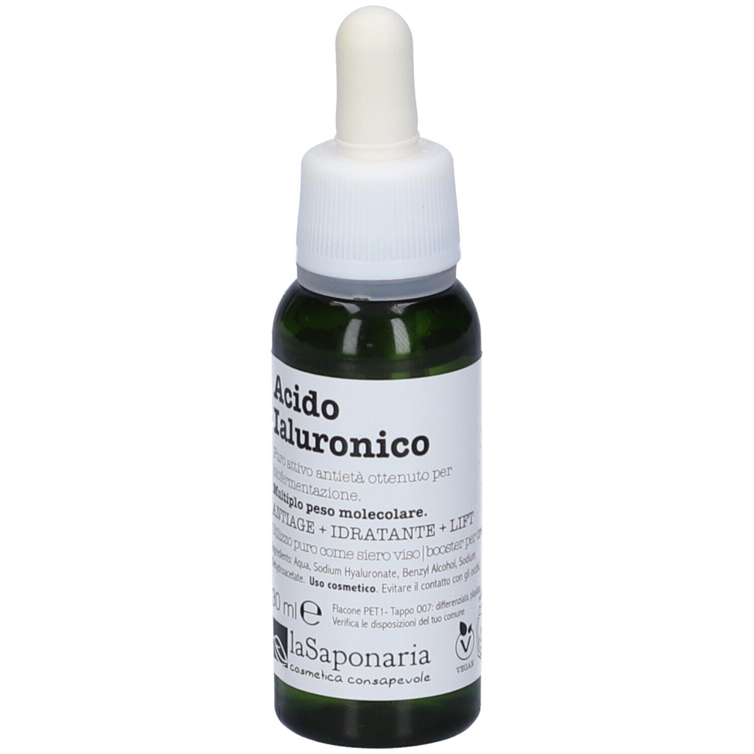 Flacone di vetro verde con tappo bianco e contagocce. Scritta: Acido Ialuronico, 30 ml. Marchio: La Saponaria.