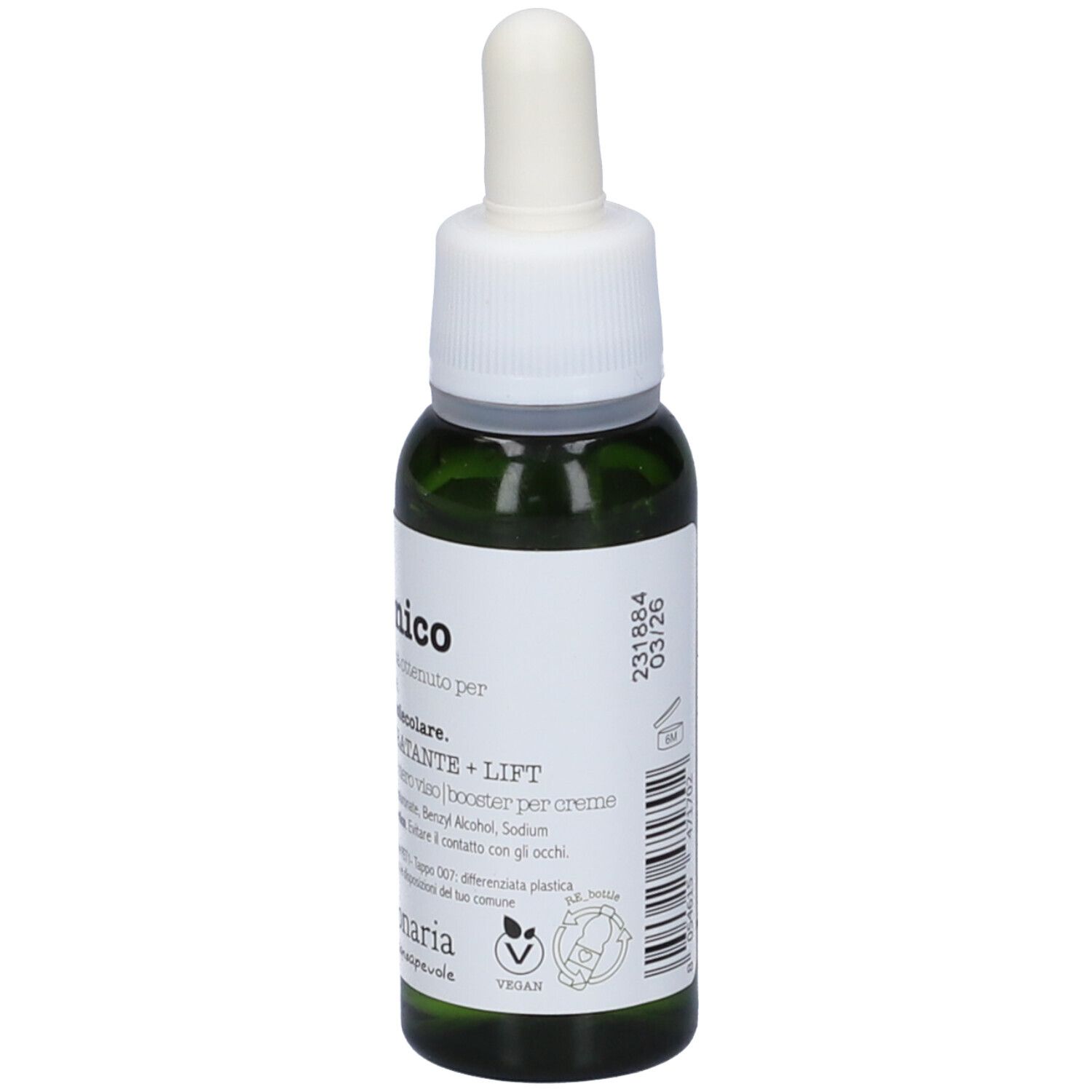 Flacone di vetro verde con tappo bianco e contagocce. Retro con informazioni e sigillo Vegan. Marchio: La Saponaria.