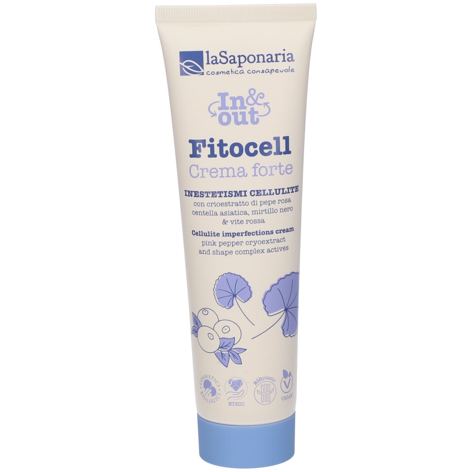 Tubo di crema con nome e ingredienti. Confezione blu e bianca con illustrazioni floreali.