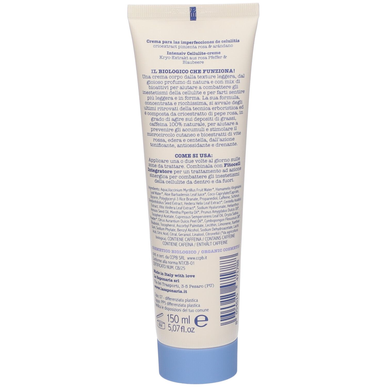 Retro del tubo di crema con testo e ingredienti. Confezione blu e bianca.