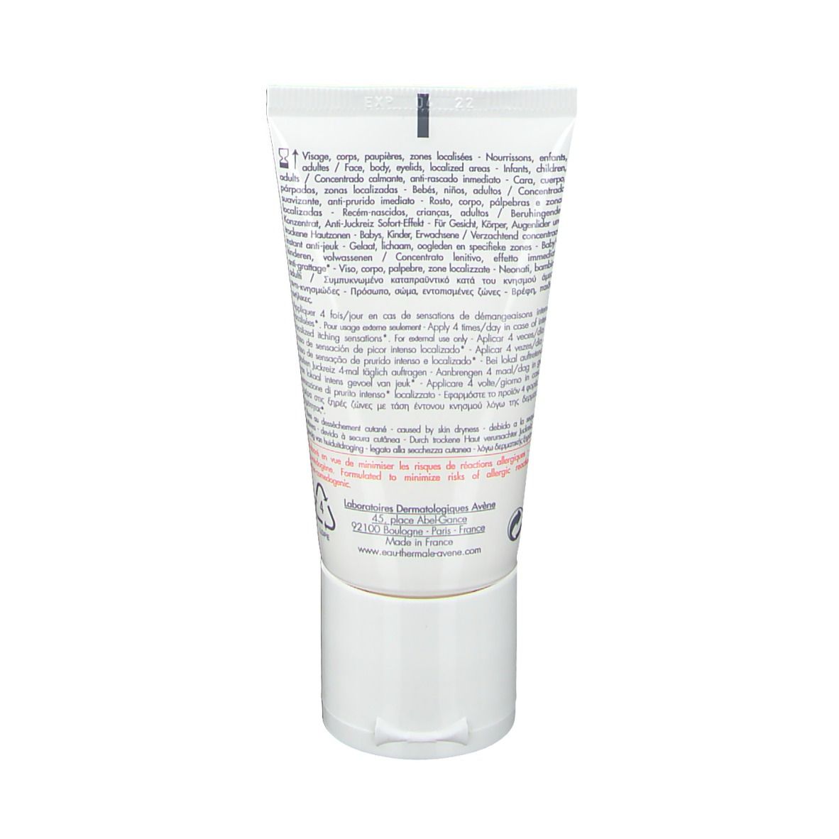 Retro di un tubo bianco. Testo multilingue. Prodotto: Avène. Marchio sterile.