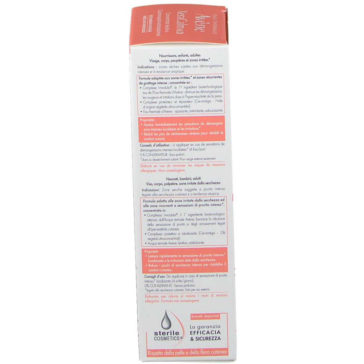 Lato della confezione. Prodotto: Avène XeraCalm A.D. Testo multilingue. Marchio sterile.