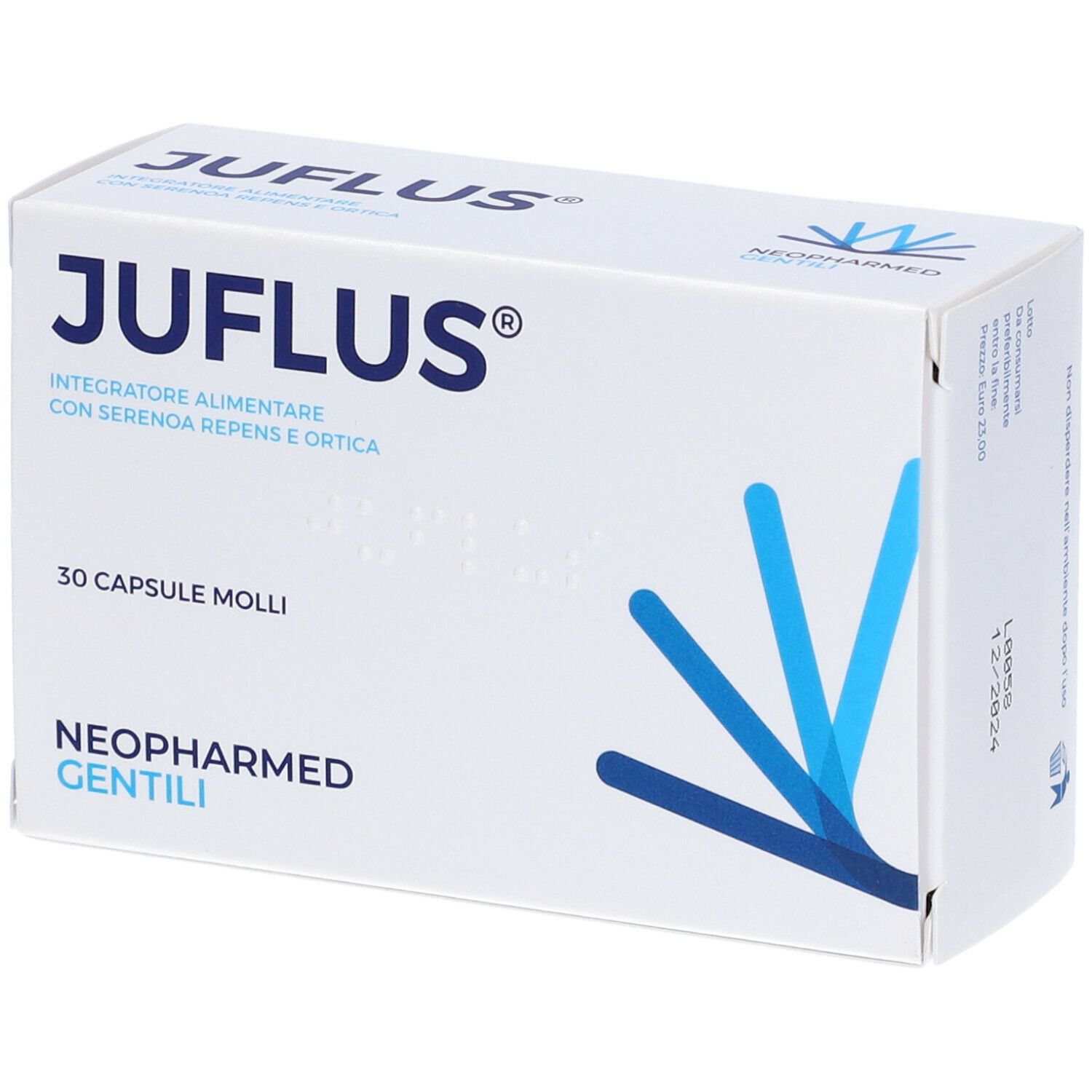Scatola "JUFLUS" con logo. Contiene 30 capsule. Marchio: NEOPHARMED GENTILI. Confezione blu e bianca.