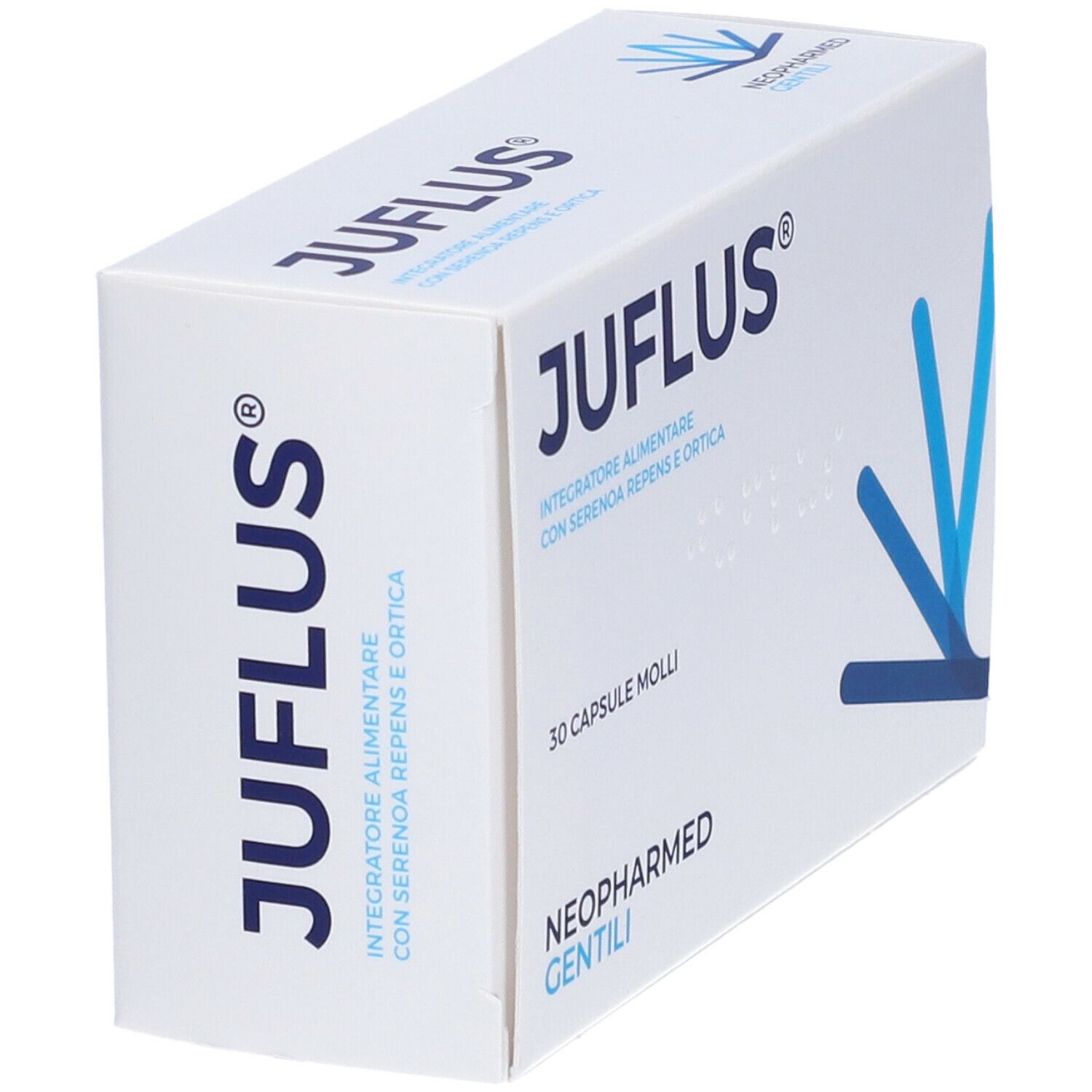 Scatola "JUFLUS" con logo. Contiene 30 capsule. Marchio: NEOPHARMED GENTILI. Confezione blu e bianca.