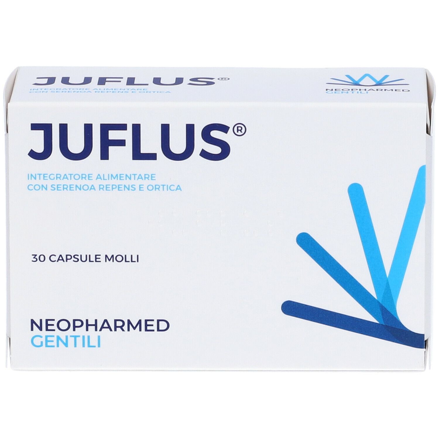 Scatola "JUFLUS" con logo. Contiene 30 capsule. Marchio: NEOPHARMED GENTILI. Confezione blu e bianca.