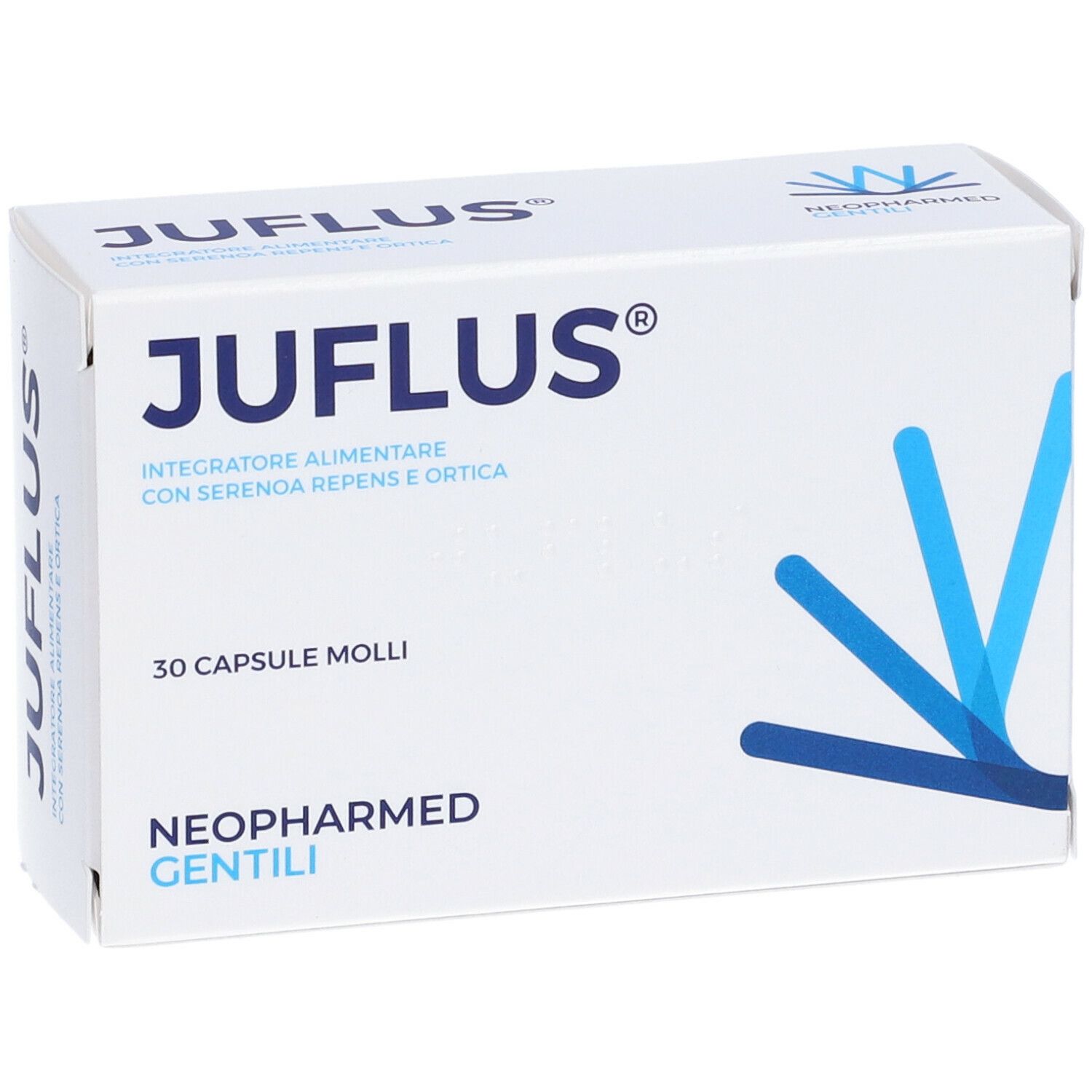 Scatola "JUFLUS" con logo. Contiene 30 capsule. Marchio: NEOPHARMED GENTILI. Confezione blu e bianca.