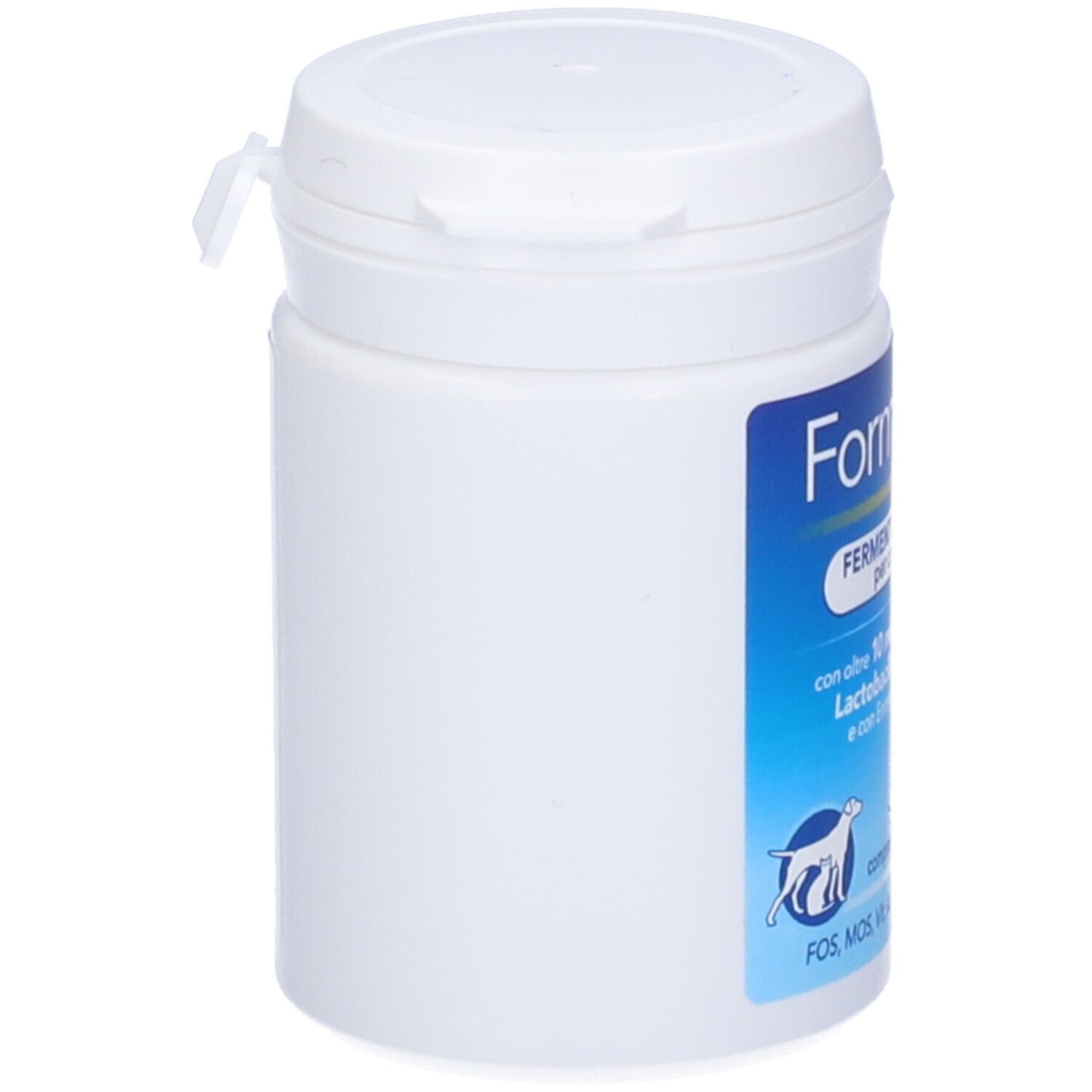 Barattolo bianco con etichetta blu. Scritta: FormaLIFE Plus Fermenti Lattici Vivi. Per cani e gatti. Con coperchio.
