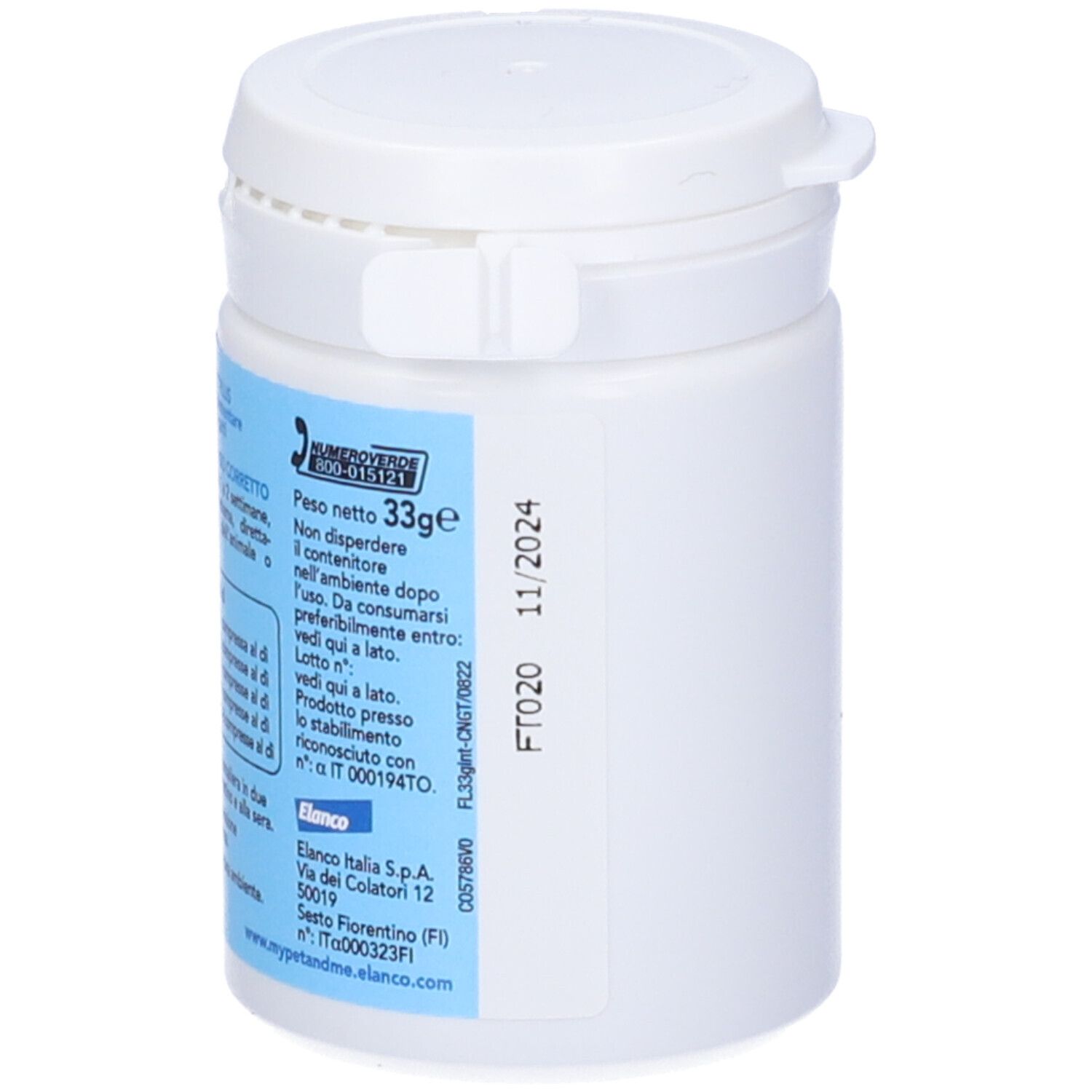 Barattolo bianco con etichetta blu. Scritta: FormaLIFE Plus. Contiene 33g. Da consumarsi preferibilmente entro 11/2024. Per cani e gatti.