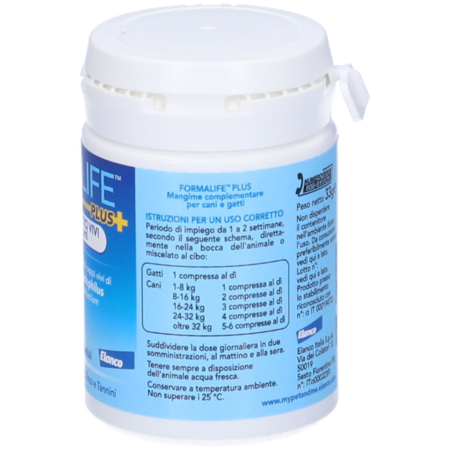 Barattolo bianco con etichetta blu. Scritta: FormaLIFE Plus. Istruzioni per cani e gatti. Con coperchio.
