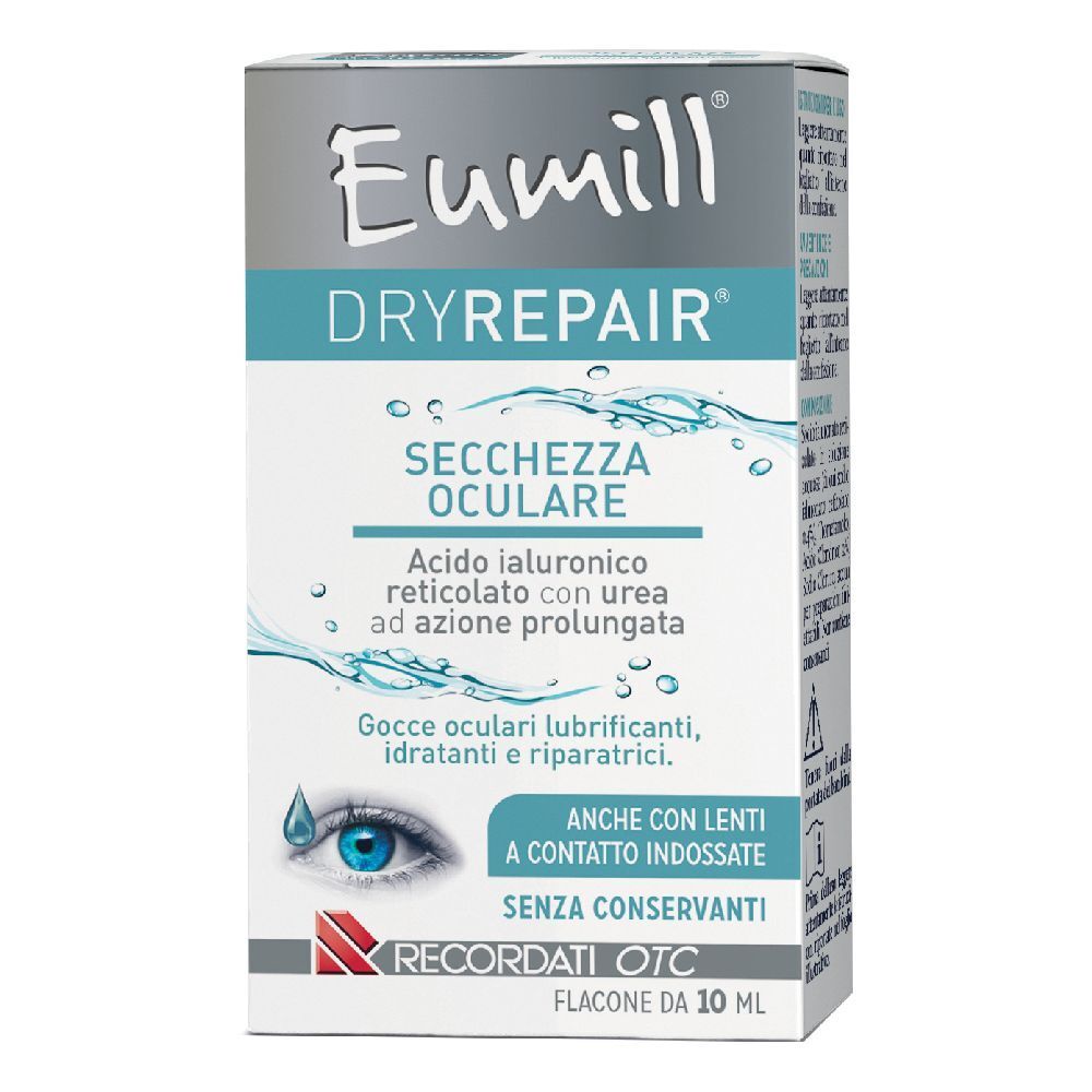 Scatola Eumill DRYREPAIR. Scritto: Secchezza oculare, acido ialuronico, collirio. Flacone 10 ml.