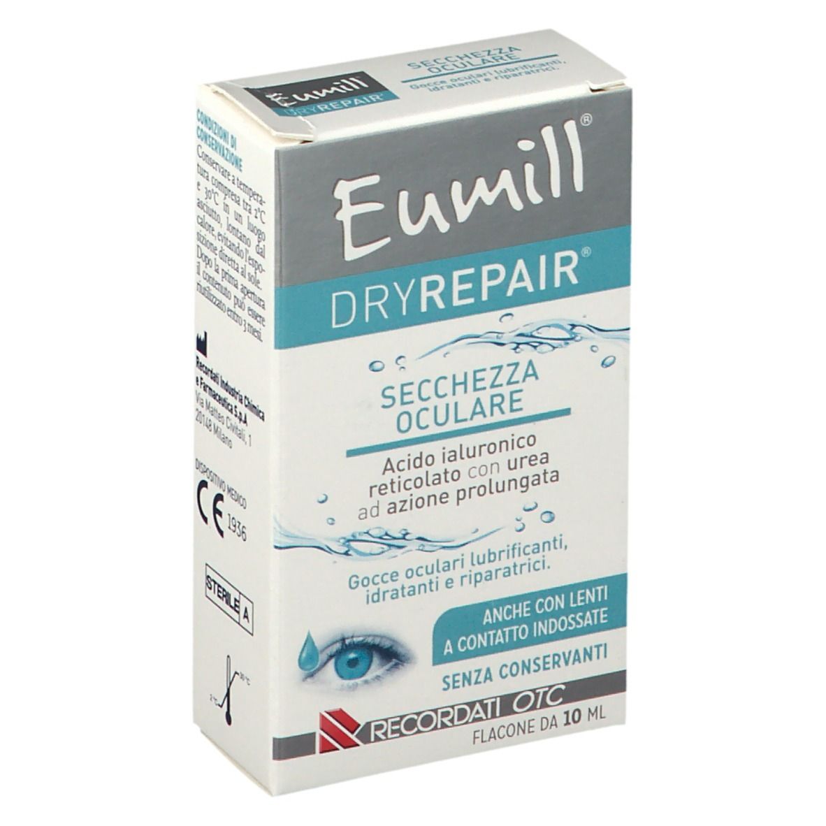 Scatola Eumill DRYREPAIR, vista laterale. Testo: Secchezza oculare, acido ialuronico, collirio. Flacone 10 ml. Marchio CE.