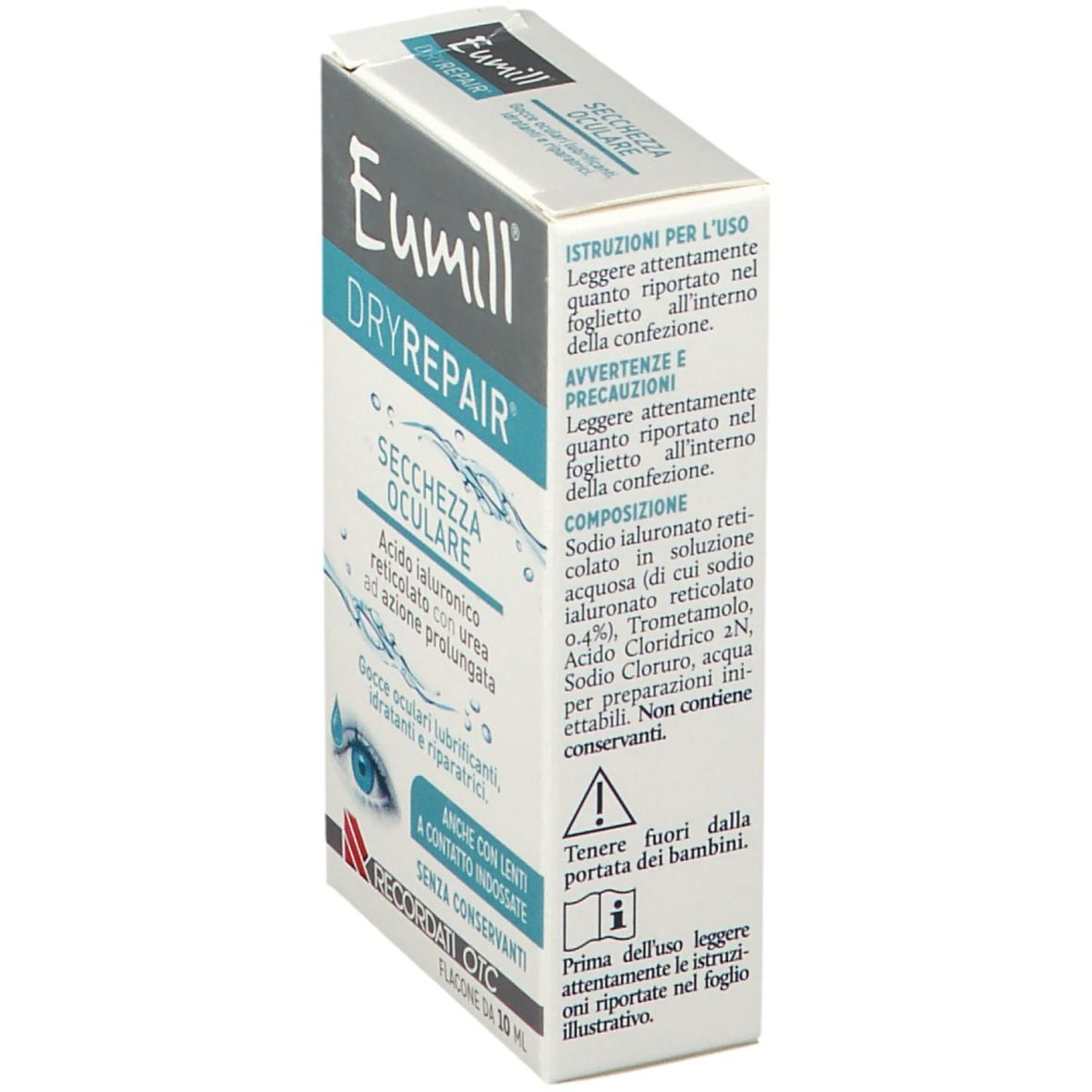 Scatola Eumill DRYREPAIR, vista obliqua. Testo: Secchezza oculare, acido ialuronico, collirio. Flacone 10 ml.