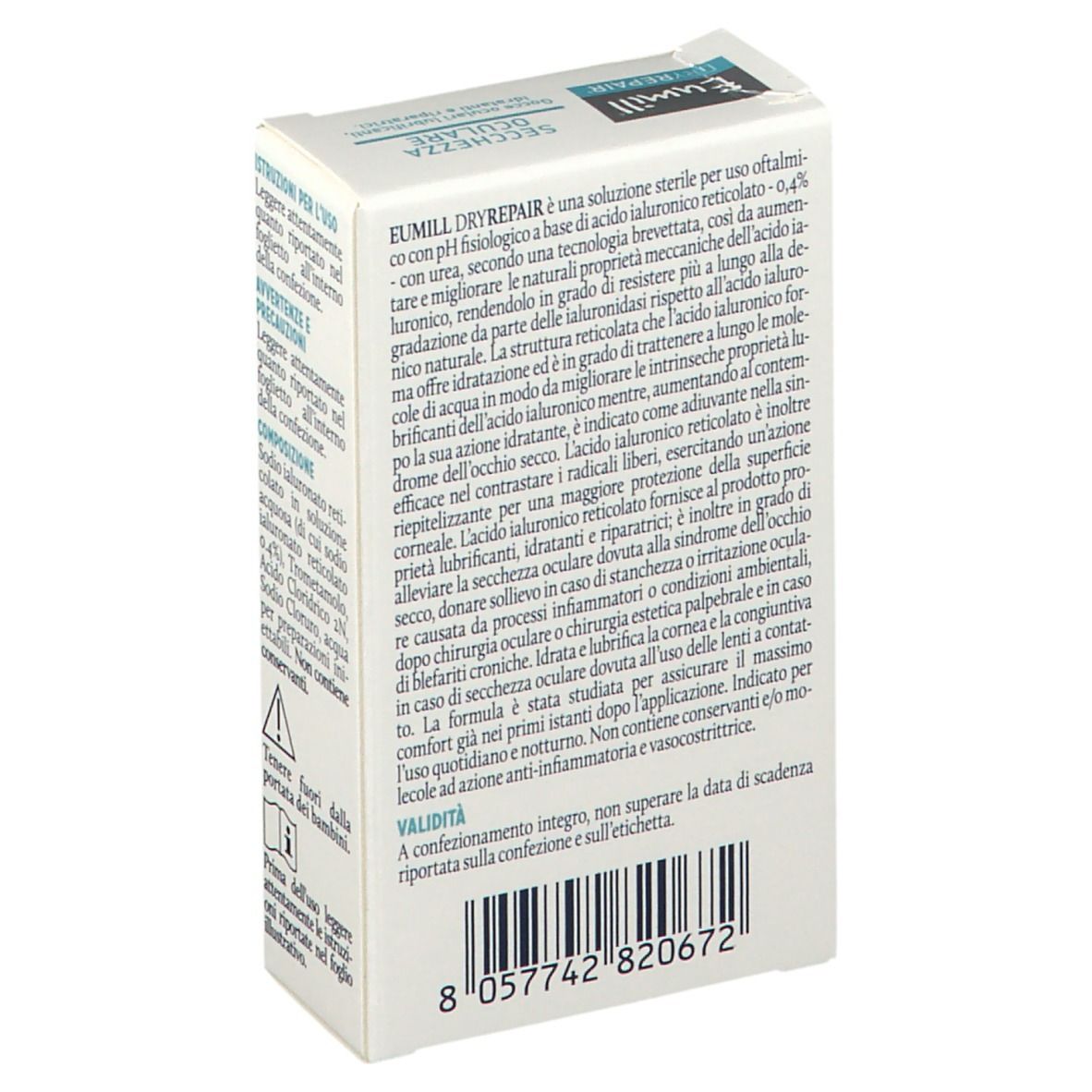 Scatola Eumill DRYREPAIR, retro. Testo: Composizione, istruzioni per l'uso, precauzioni. Avvertenze.