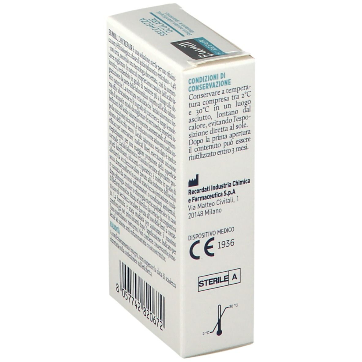 Scatola Eumill DRYREPAIR, retro. Testo: Condizioni di conservazione, produttore, marchio CE, Sterile A.