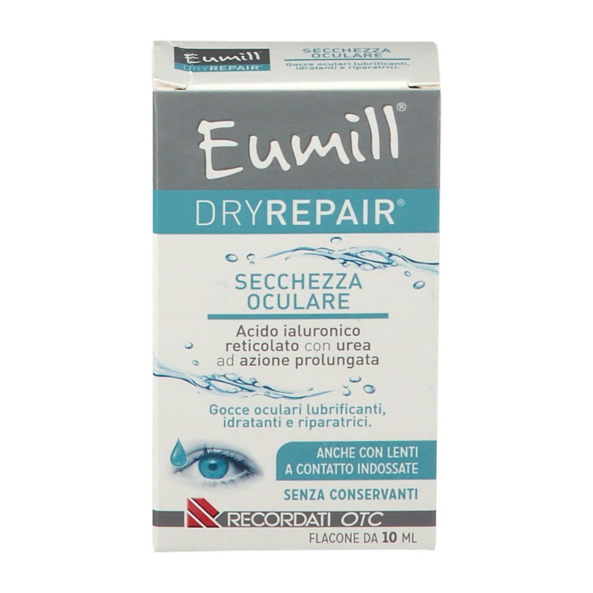 Scatola Eumill DRYREPAIR. Testo: Secchezza oculare, acido ialuronico, collirio. Flacone 10 ml. Con lenti.