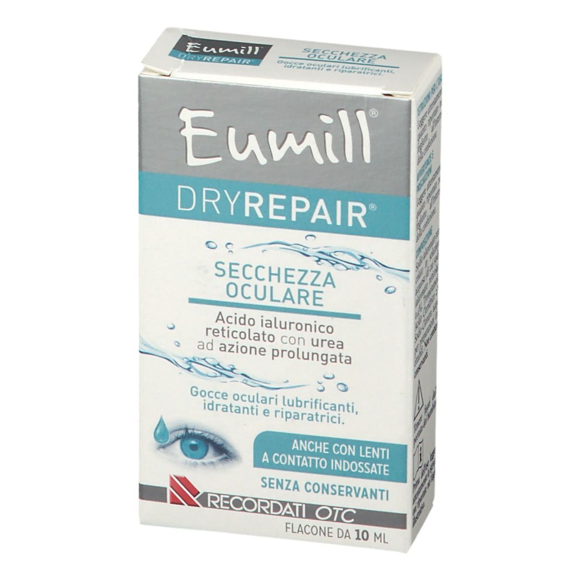 Scatola Eumill DRYREPAIR. Testo: Secchezza oculare, acido ialuronico, collirio. Flacone 10 ml. Con lenti.