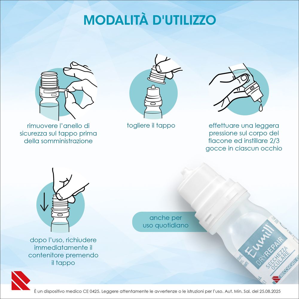Eumill Dry Repair Augentropfen Flasche mit Pipette und Gebrauchsanleitung.