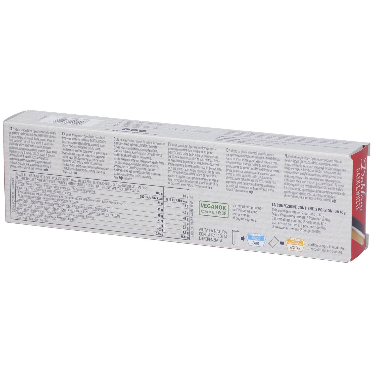 Rückseite der Dobloni Dark & White Doppelkeks Verpackung. Text, Nährwertangaben und Logos auf weißem Hintergrund.