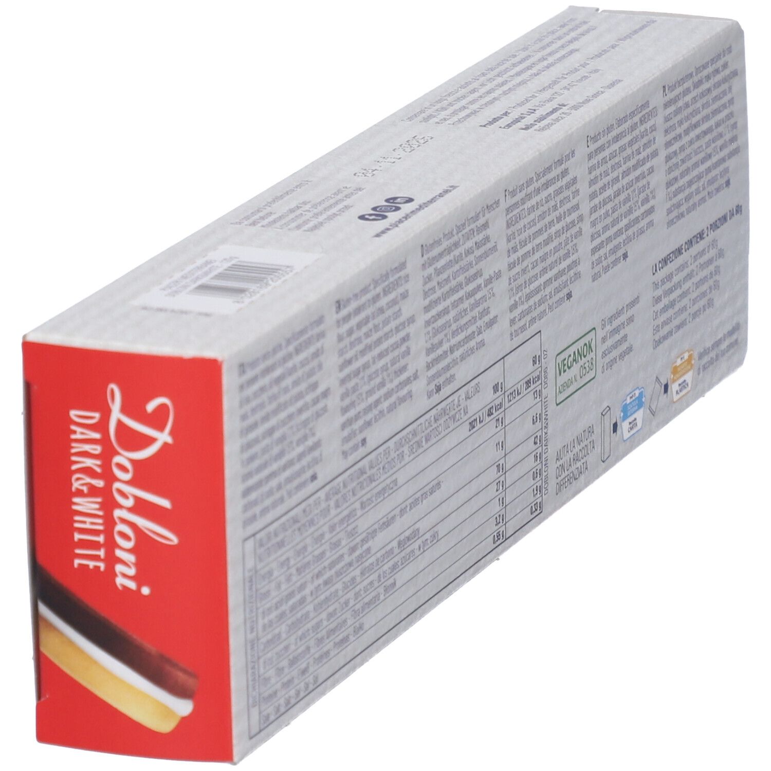 Schräge Ansicht der Dobloni Dark & White Doppelkeks Verpackung. Text, Nährwertangaben und Logos auf weißem Hintergrund.