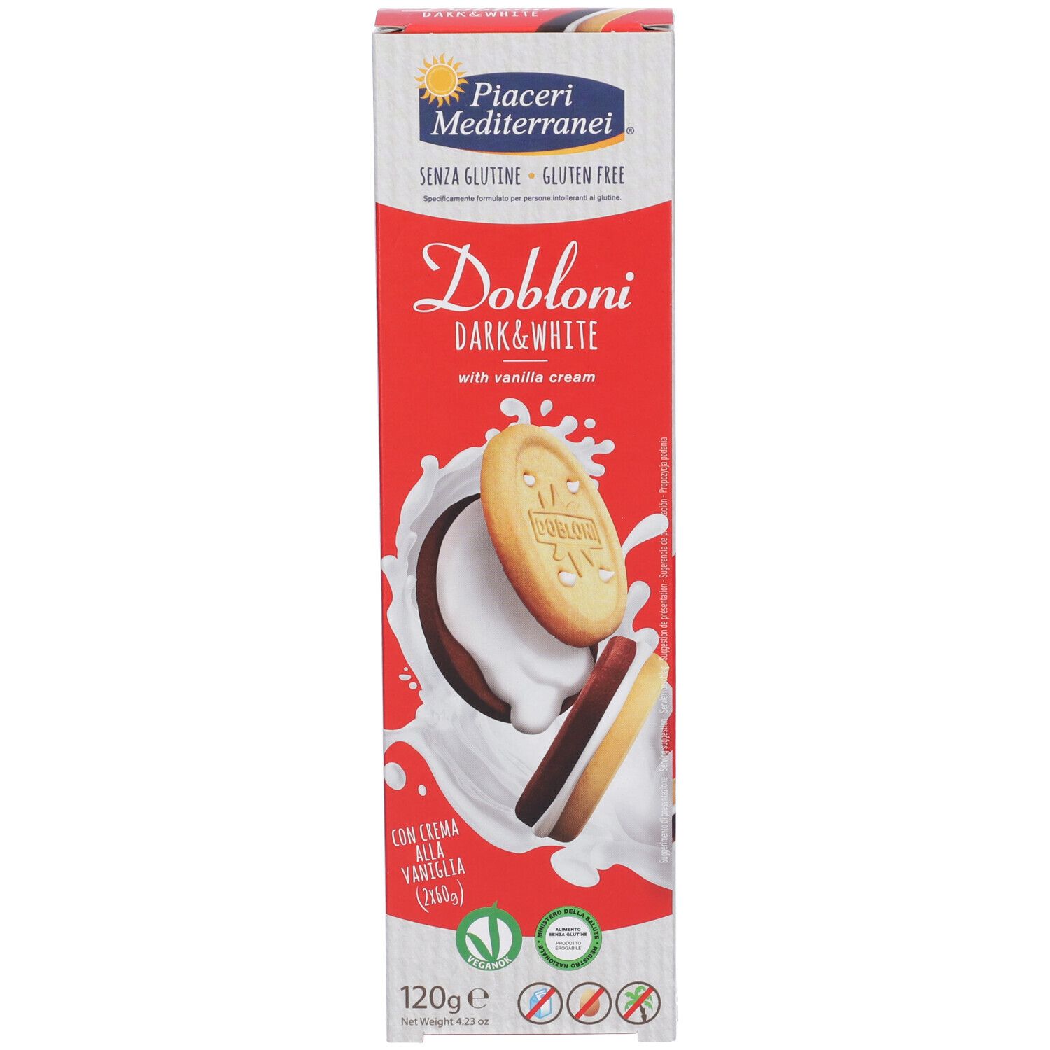 Dobloni Dark & White Doppelkeks Verpackung. Rote und weiße Verpackung mit Produktabbildung und Schriftzug. Glutenfrei.