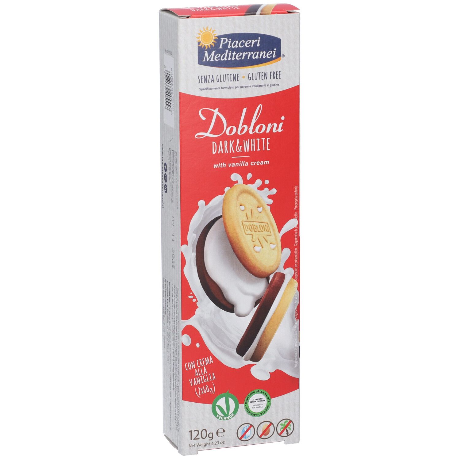 Dobloni Dark & White Doppelkeks Verpackung. Rote und weiße Verpackung mit Produktabbildung und Schriftzug. Glutenfrei.