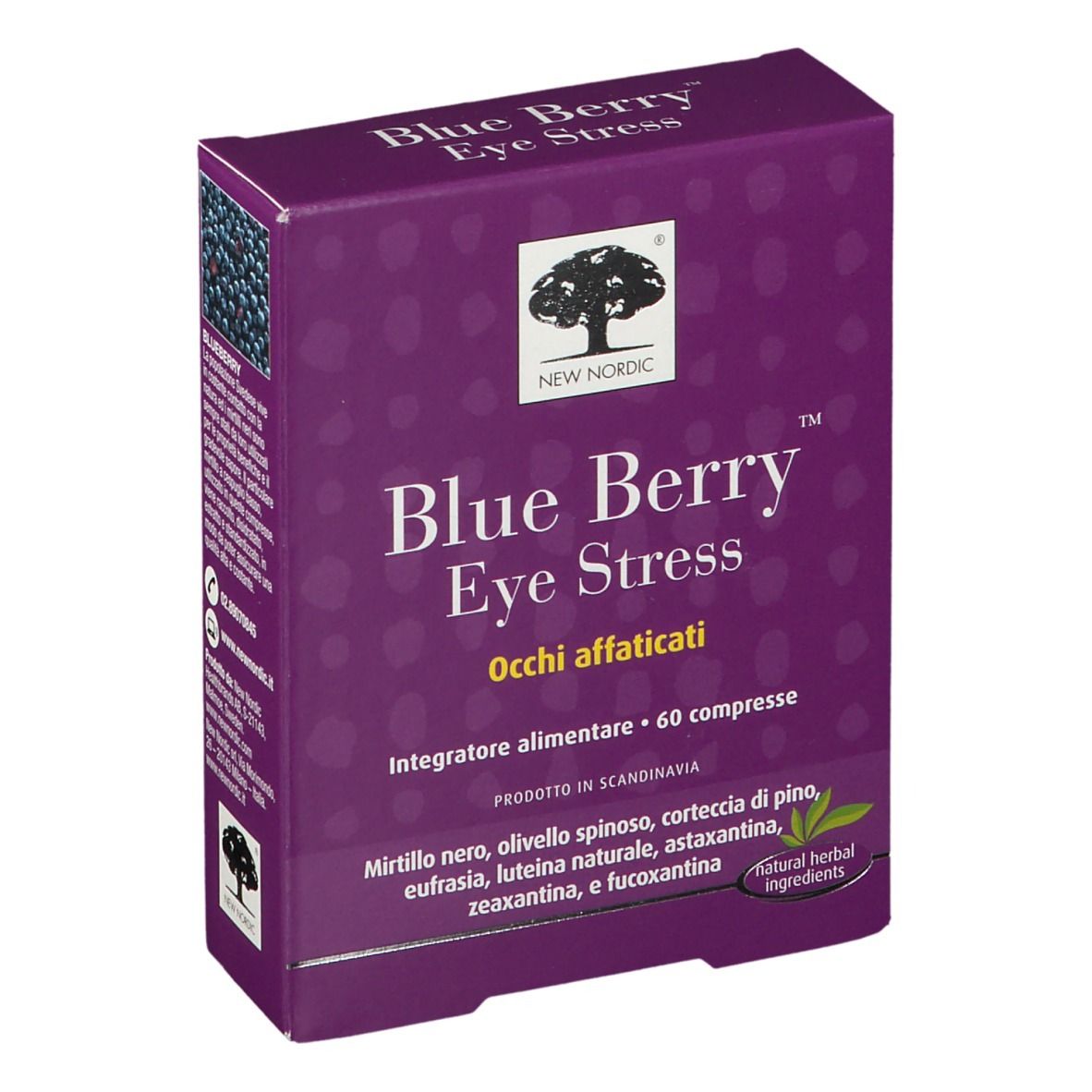 Scatola viola con nome e logo del prodotto. Testo: Blue Berry Eye Stress, Occhi affaticati. 60 compresse. Ingredienti.