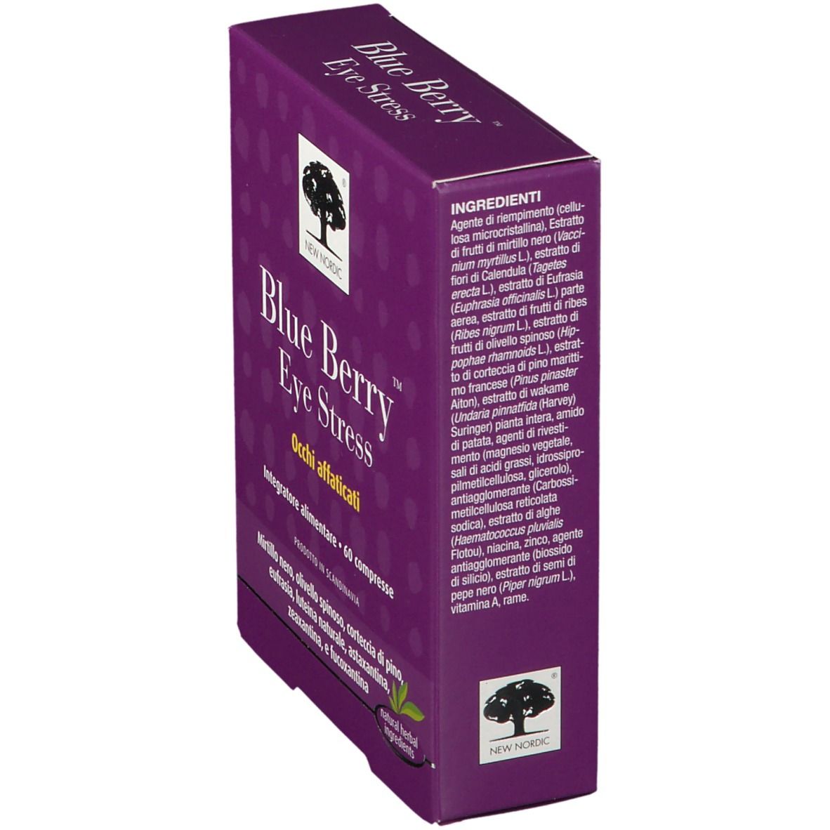 Scatola viola, vista laterale. Nome e logo del prodotto. Testo: Blue Berry Eye Stress, Occhi affaticati. Elenco ingredienti.