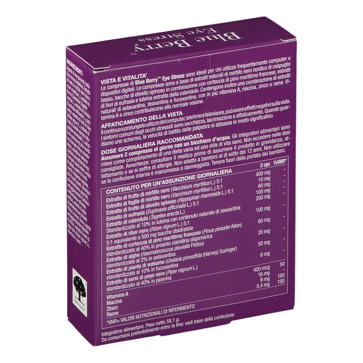 Scatola viola, retro. Testo: Raccomandazioni giornaliere, ingredienti, informazioni nutrizionali. Nome prodotto: Blue Berry Eye Stress.