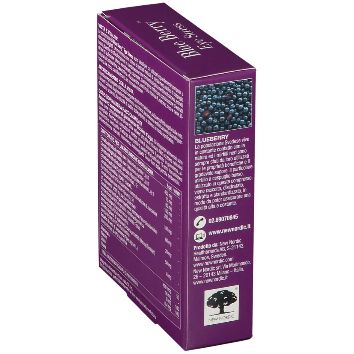 Scatola viola, retro. Testo: Informazioni sul prodotto, contatti. Nome prodotto: Blue Berry Eye Stress. Illustrazione mirtilli.