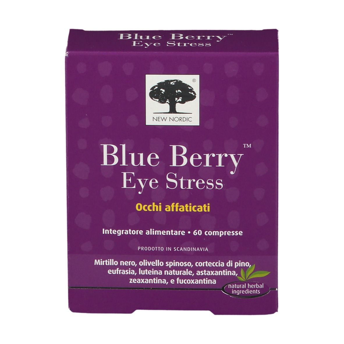 Scatola viola con nome e logo del prodotto. Testo: Blue Berry Eye Stress, Occhi affaticati. 60 compresse. Ingredienti.