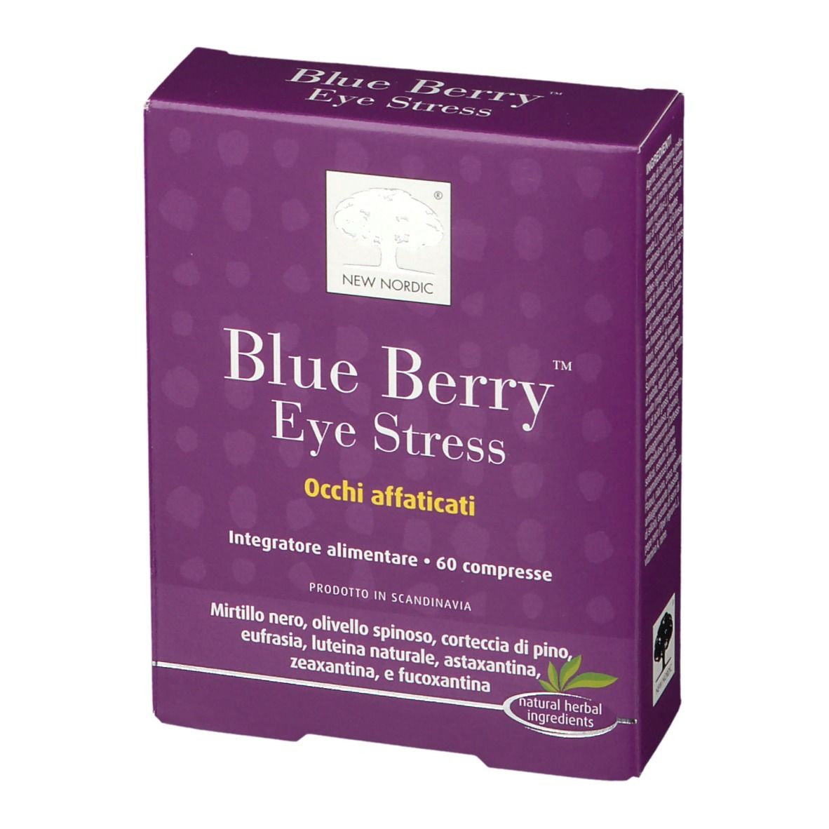 Scatola viola con nome e logo del prodotto. Testo: Blue Berry Eye Stress, Occhi affaticati. 60 compresse. Ingredienti.