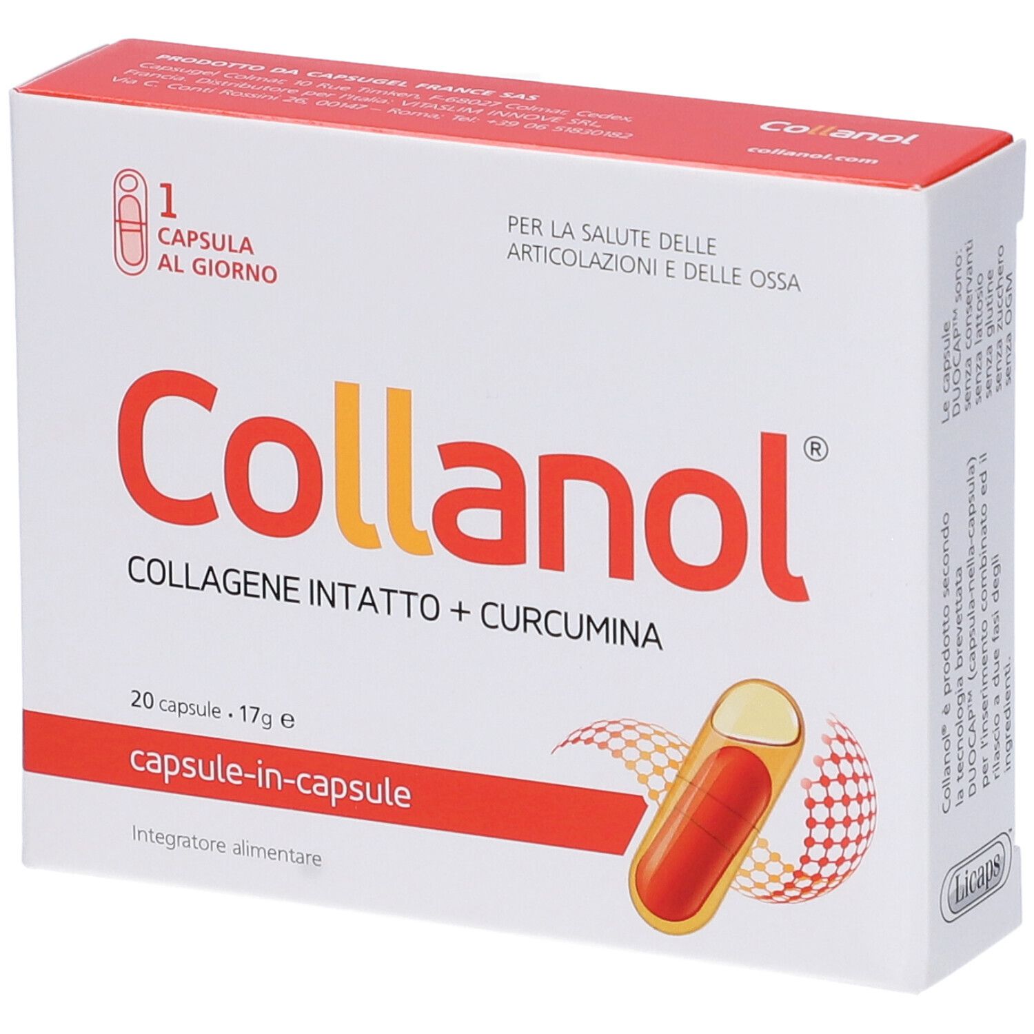 Scatola bianca con testo rosso. Contiene 20 capsule. Scritta: "Collano", "Collagen Intatto + Curcumina".