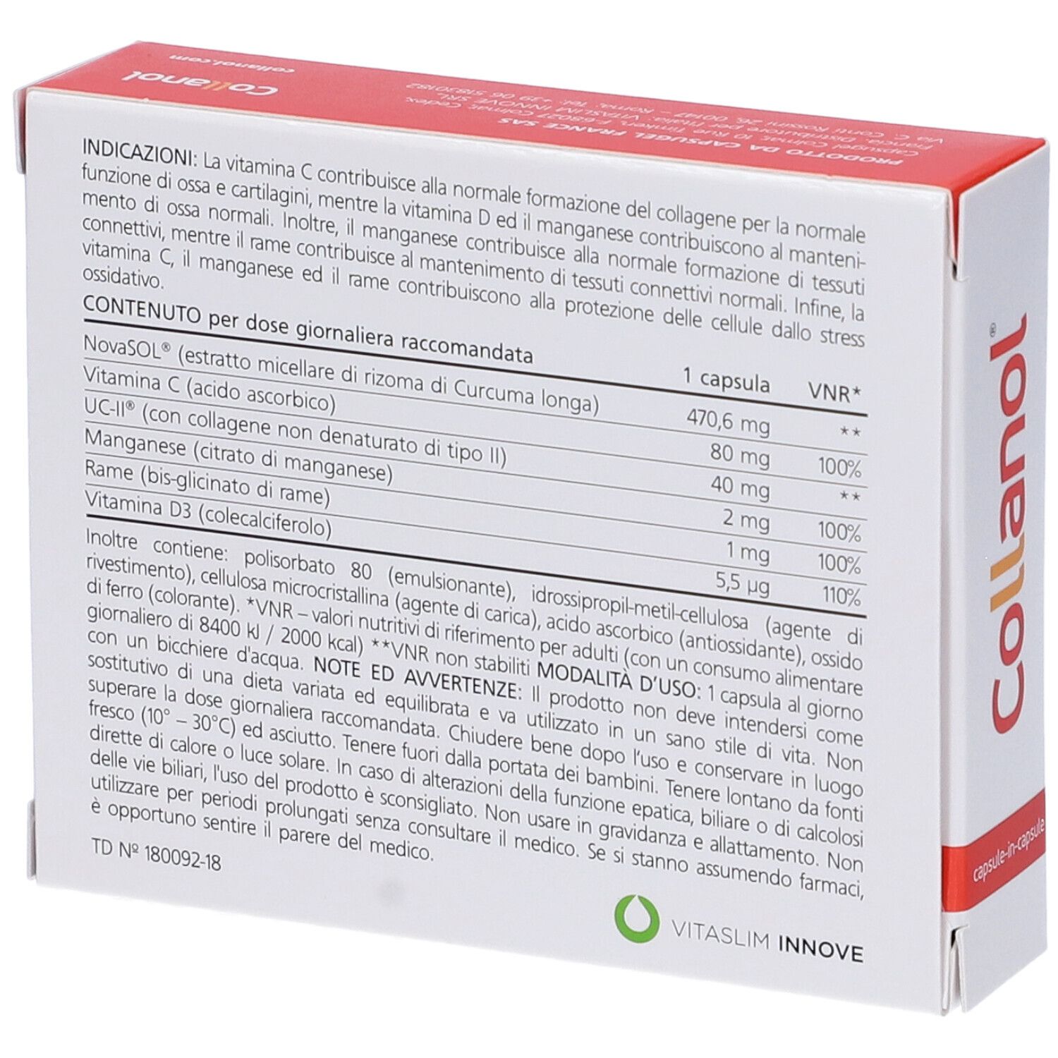 Retro della scatola con informazioni sul contenuto. Contiene ingredienti come vitamina C, curcuma longa e rame. Testo in italiano.