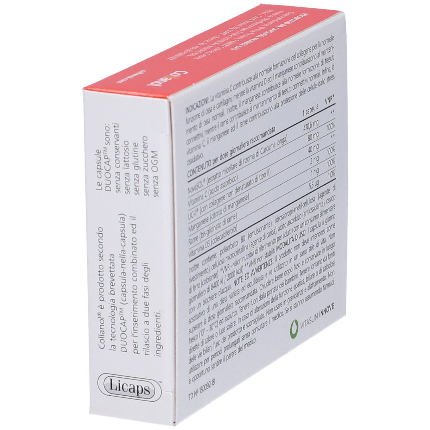 Scatola con informazioni sul contenuto. Contiene ingredienti come vitamina C, curcuma longa e rame. Testo in italiano.