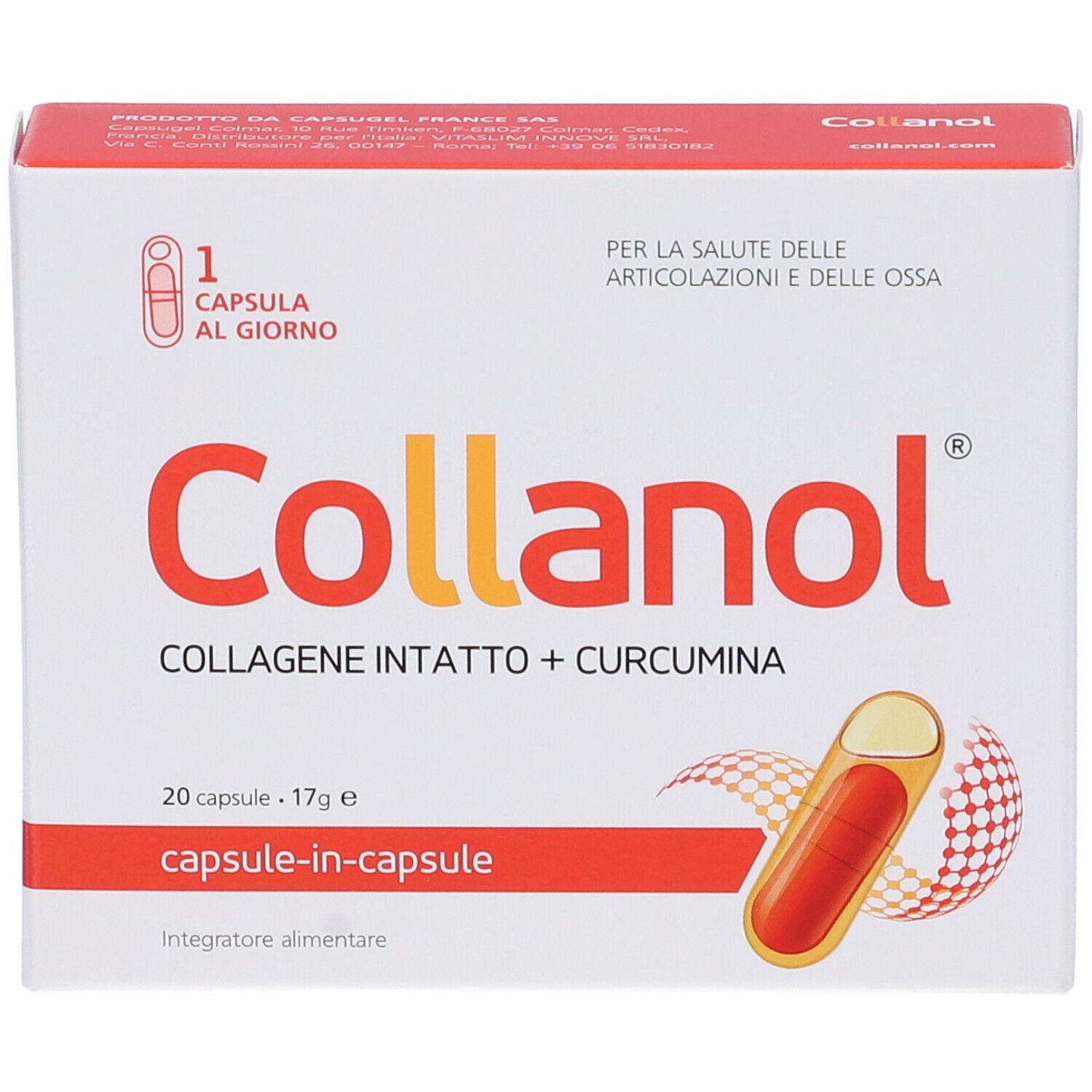 Scatola bianca con testo rosso. Contiene 20 capsule. Scritta: "Collano", "Collagen Intatto + Curcumina".