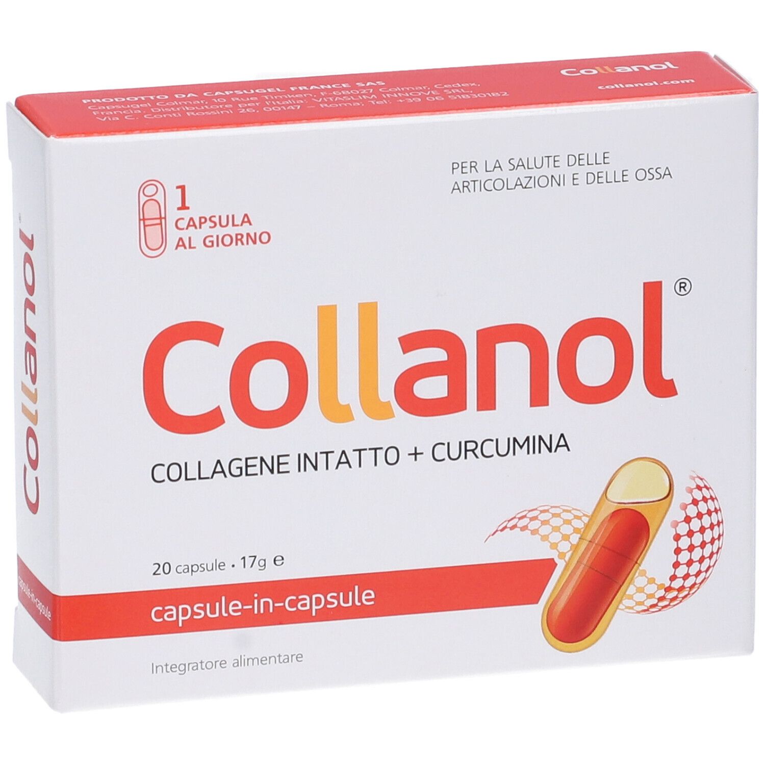 Scatola bianca con testo rosso. Contiene 20 capsule. Scritta: "Collano", "Collagen Intatto + Curcumina".