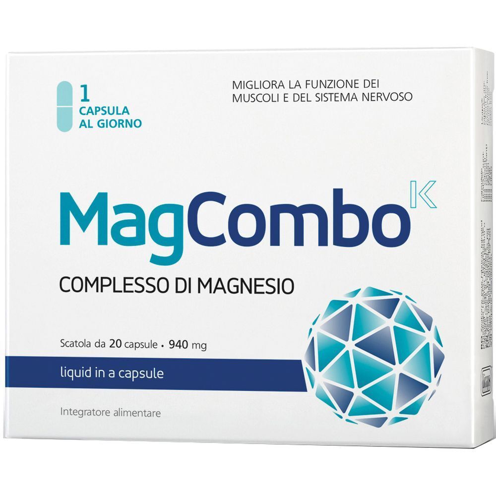 Scatola di capsule MagCombo Magnesium-Komplex. Contiene 20 capsule. Scritta: 1 capsula al giorno. Sfondo blu e bianco.