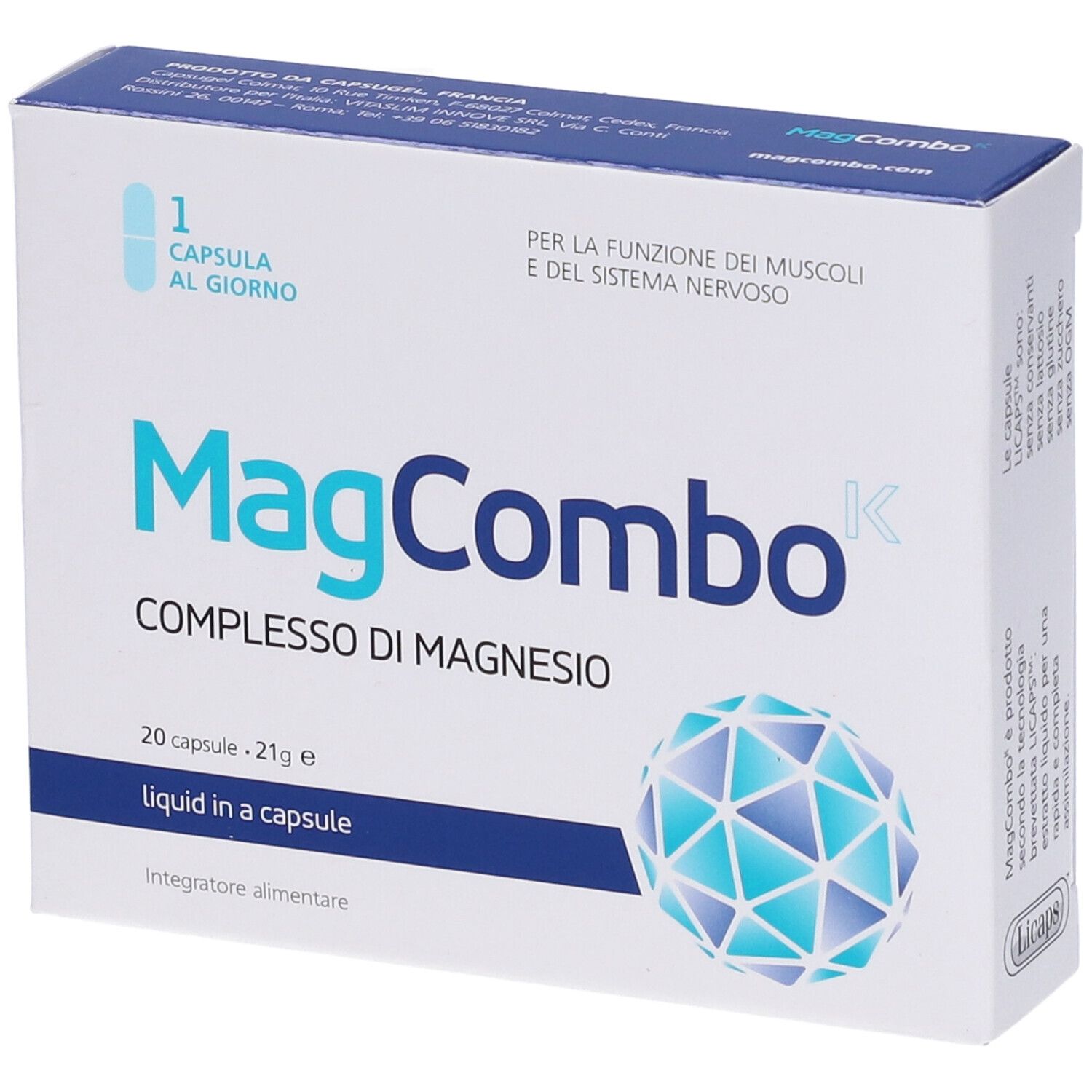 Scatola di capsule MagCombo Magnesium-Komplex. Contiene 20 capsule. Scritta: 1 capsula al giorno. Blu e bianco.