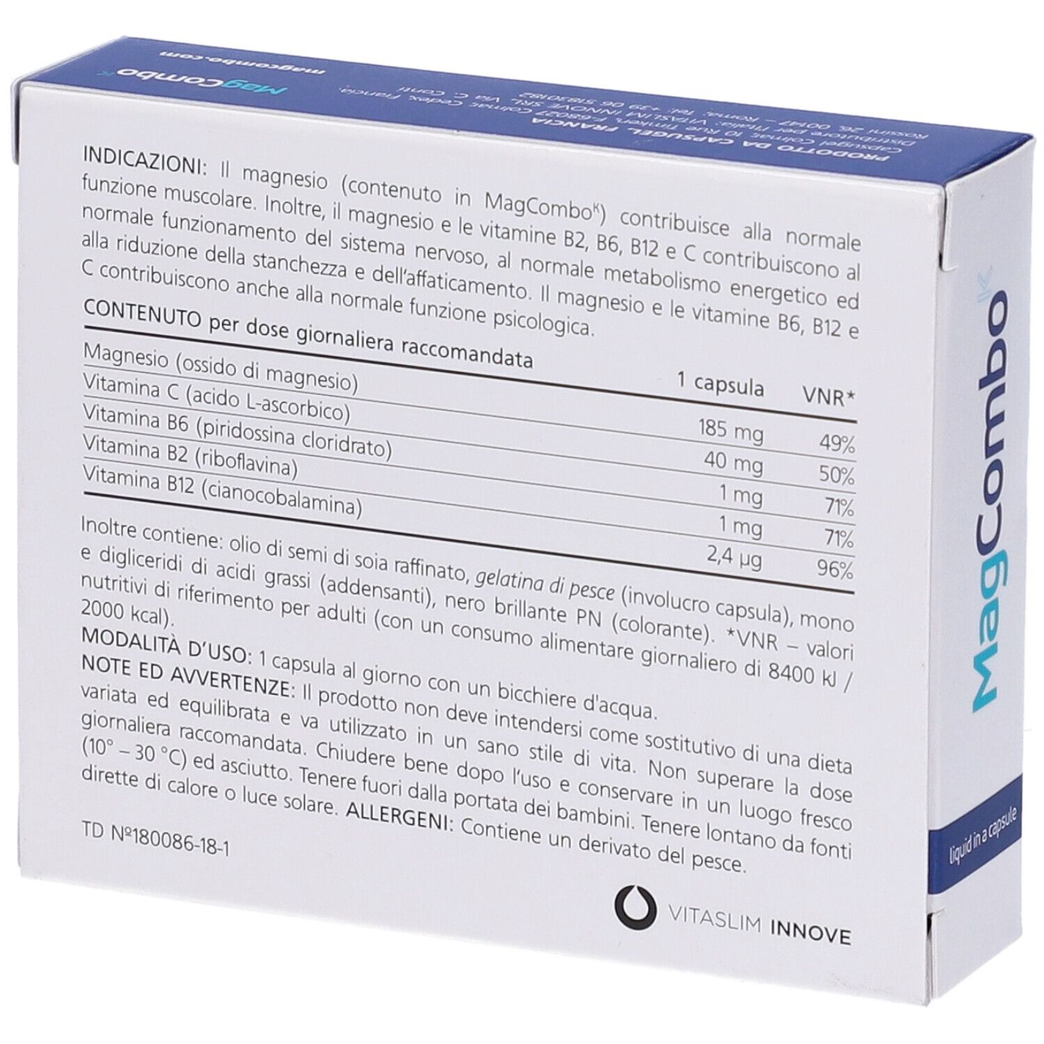 Retro della scatola di capsule MagCombo Magnesium-Komplex. Contiene informazioni sugli ingredienti e l'uso.