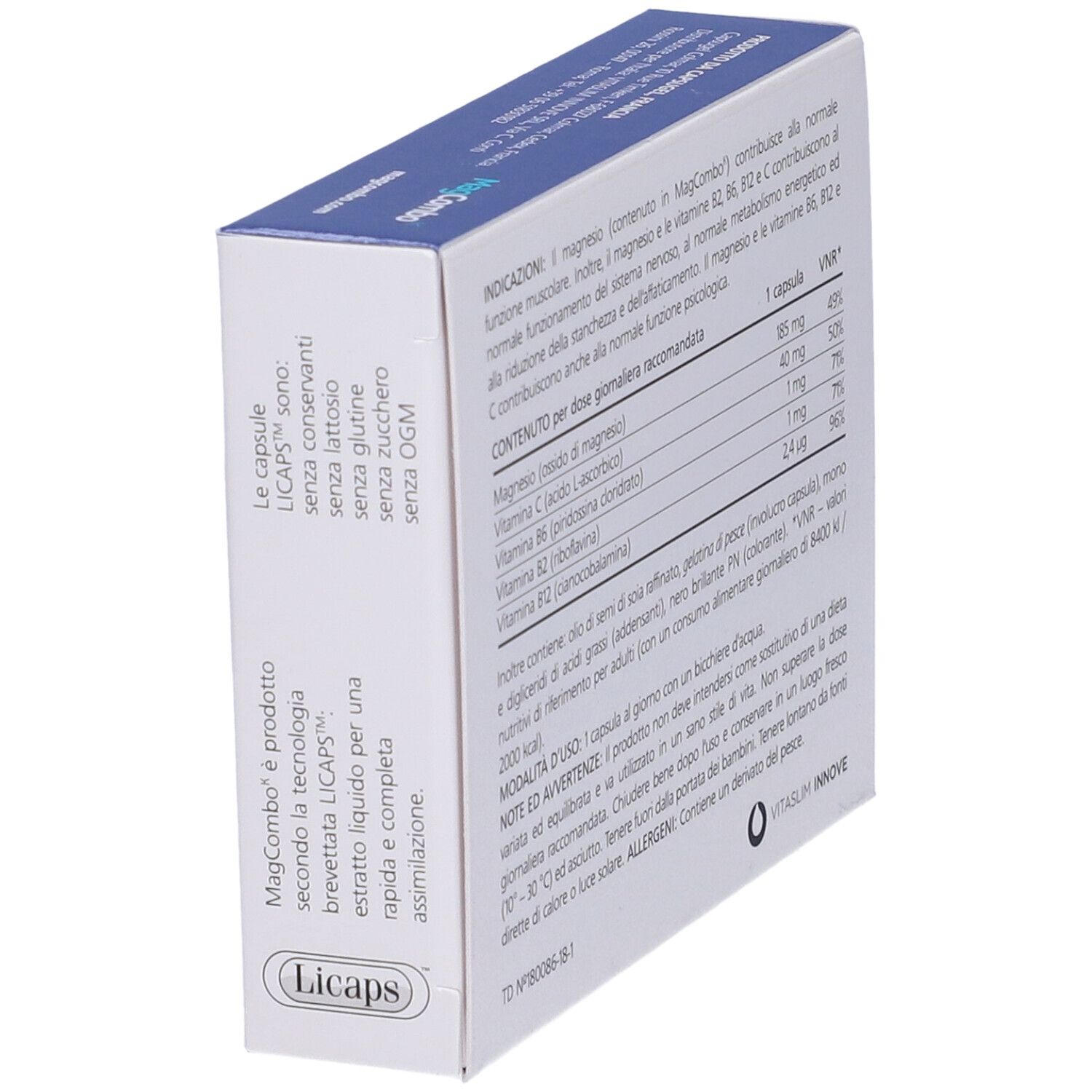 Retro della scatola di capsule MagCombo Magnesium-Komplex. Contiene informazioni sugli ingredienti e l'uso.