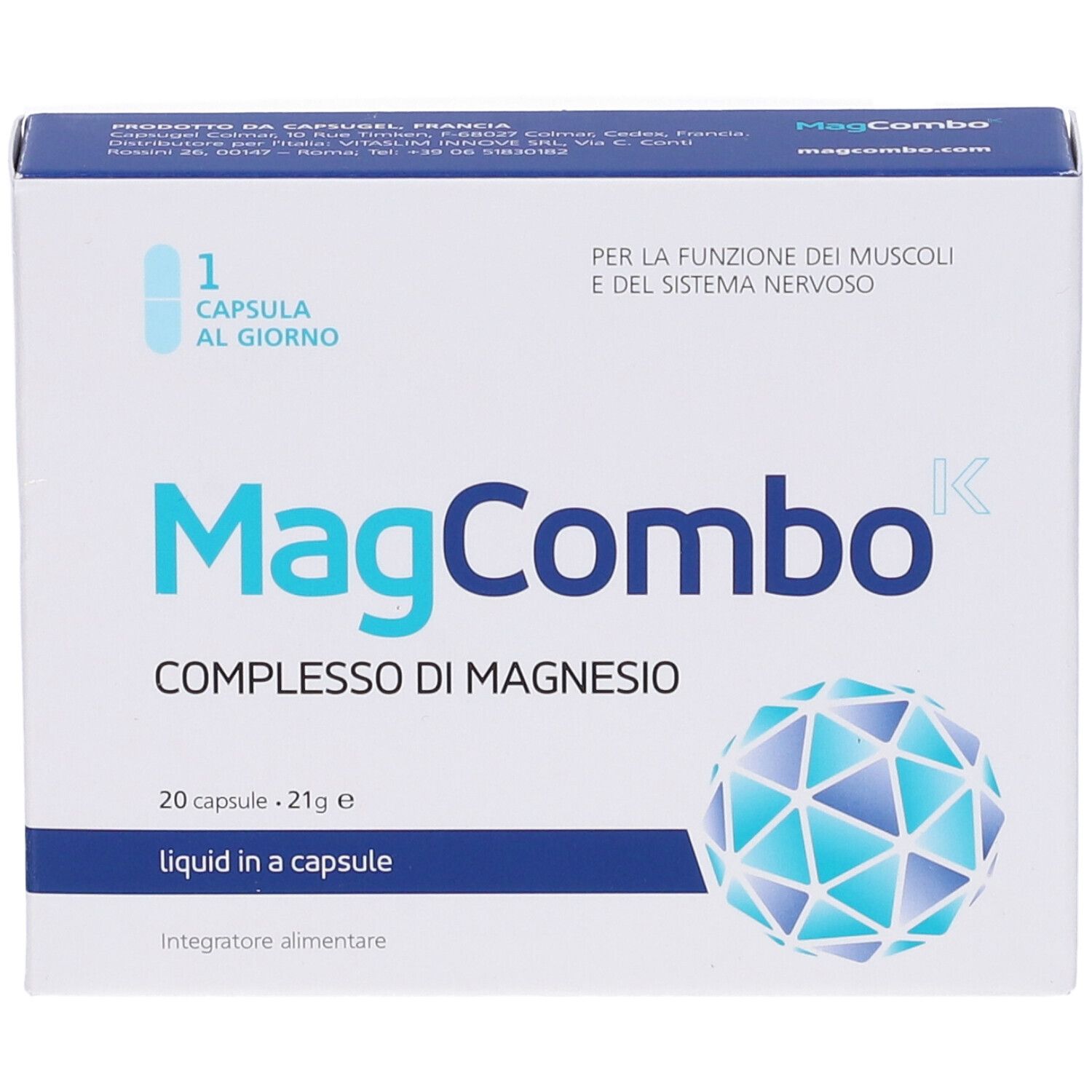 Scatola di capsule MagCombo Magnesium-Komplex. Contiene 20 capsule. Scritta: 1 capsula al giorno. Blu e bianco.