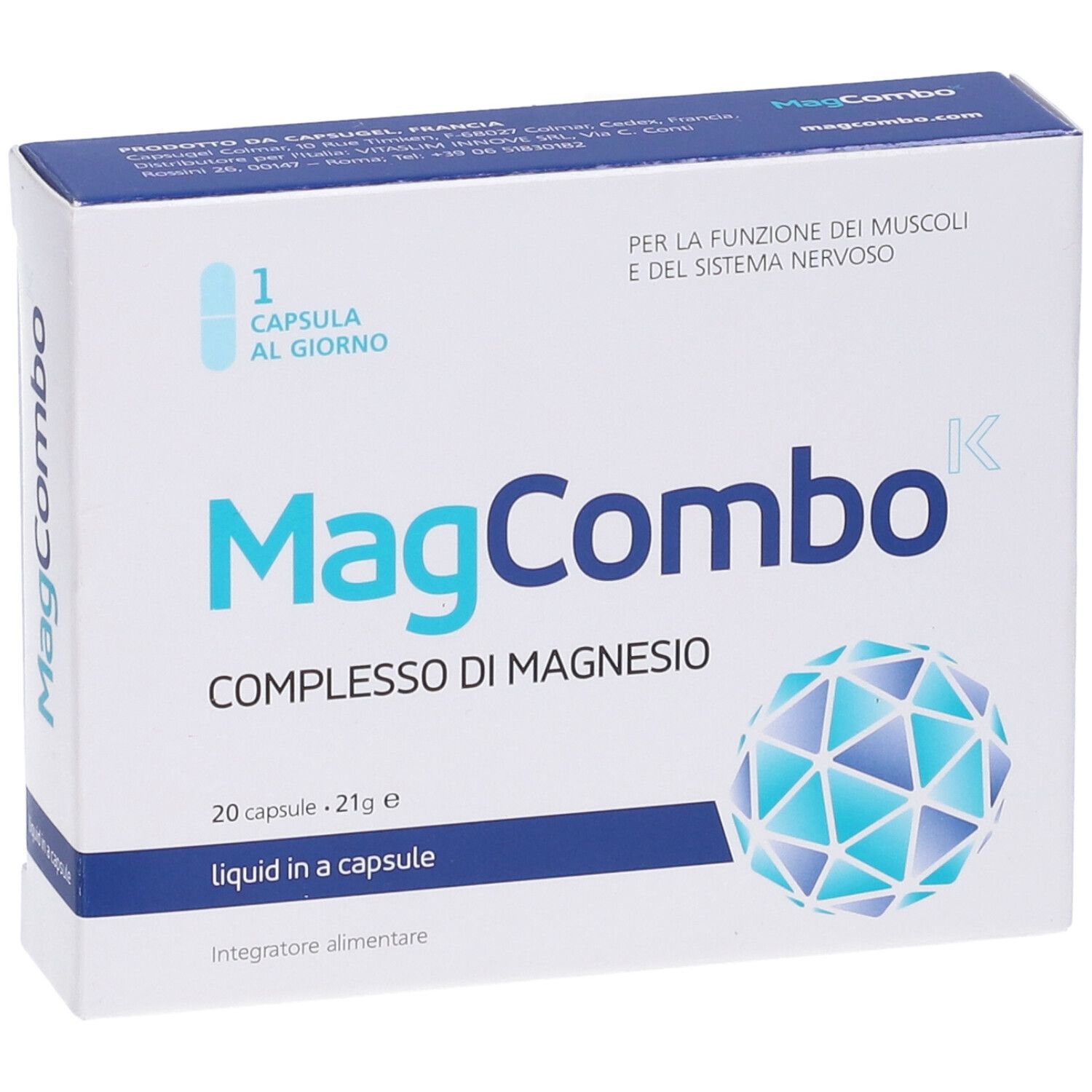 Scatola di capsule MagCombo Magnesium-Komplex. Contiene 20 capsule. Scritta: 1 capsula al giorno. Blu e bianco.