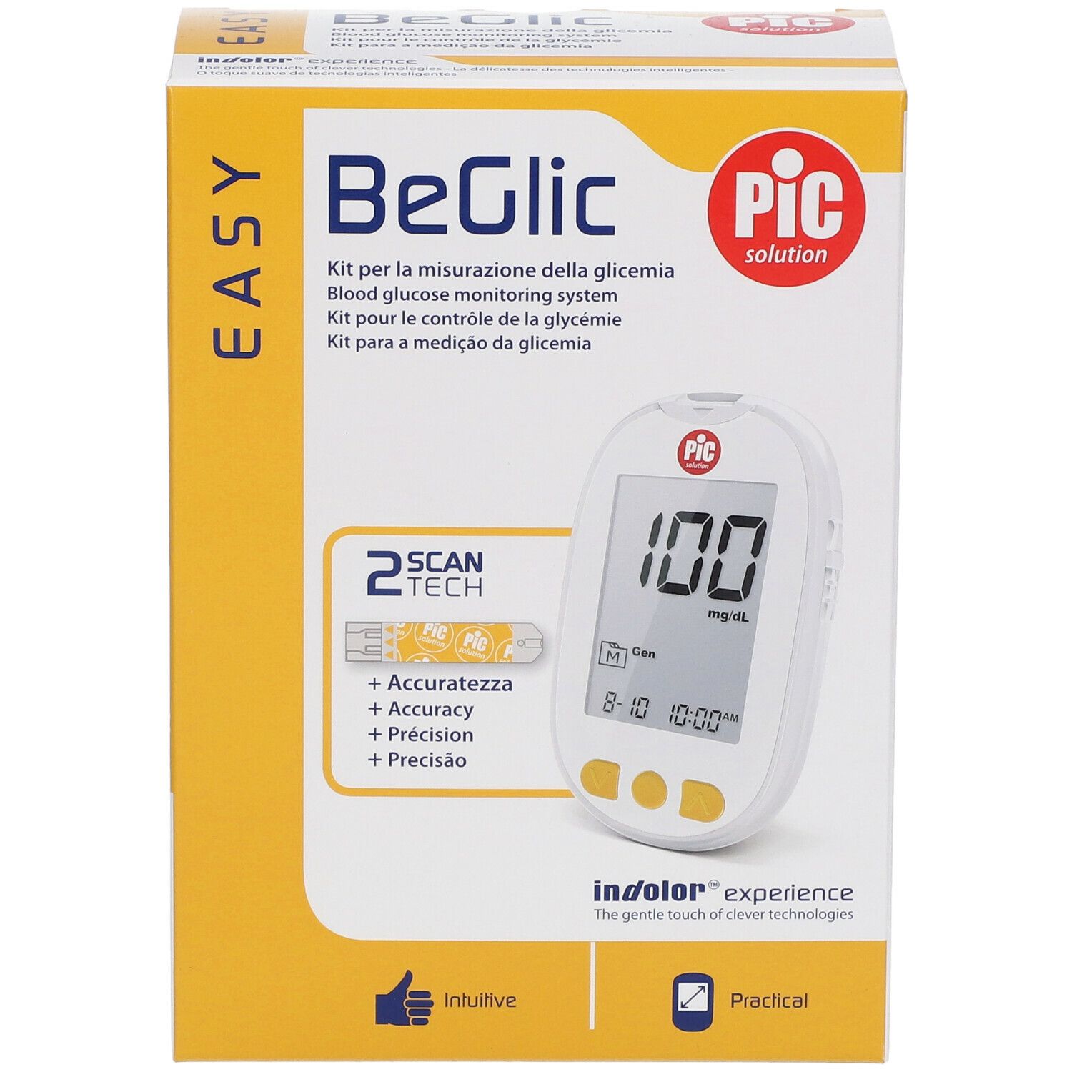 Kit BeGlic Easy con glucometro e strisce reattive. Dispositivo bianco con display, confezione gialla con nome e logo.