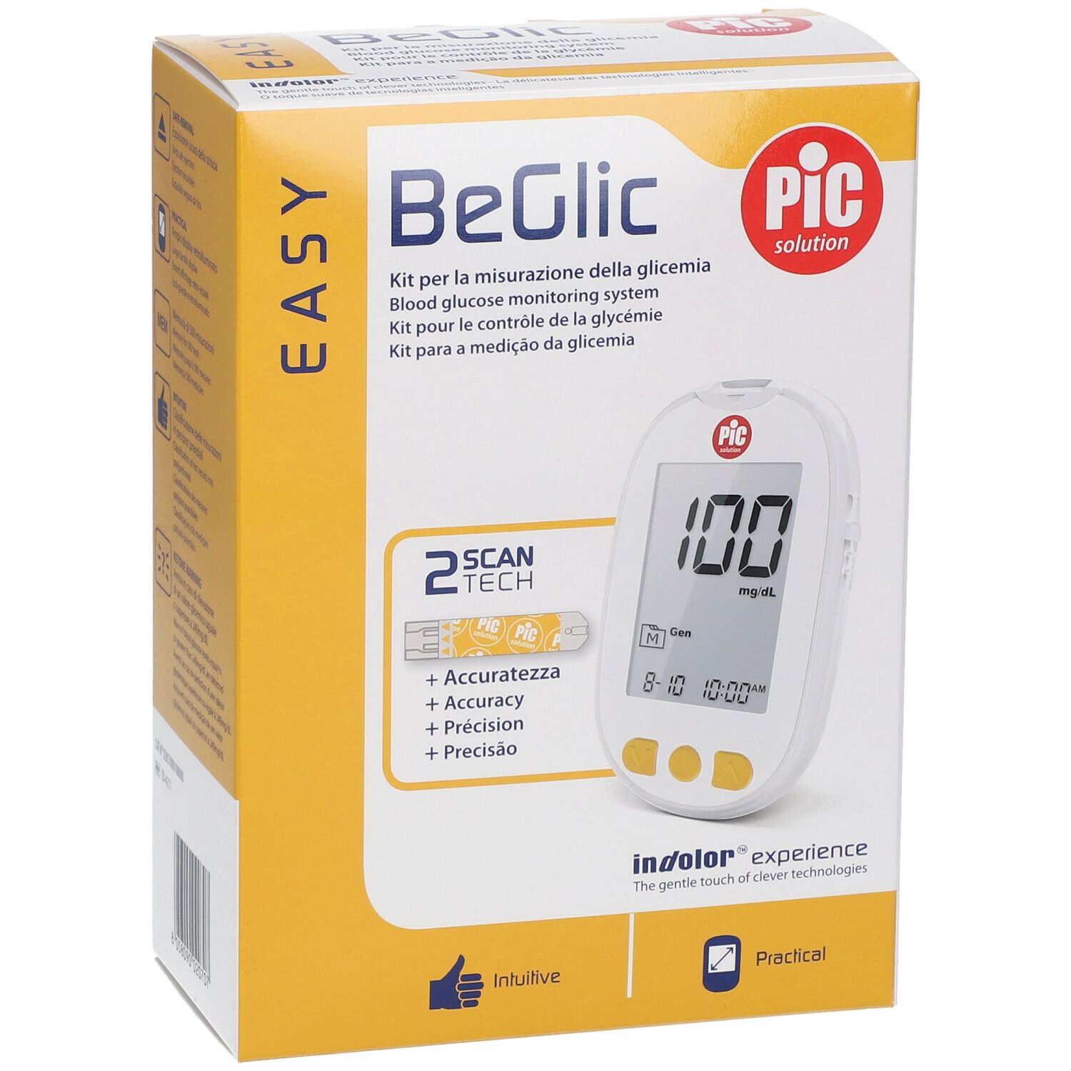 Kit BeGlic Easy con glucometro. Dispositivo bianco con display, confezione gialla con nome e logo.