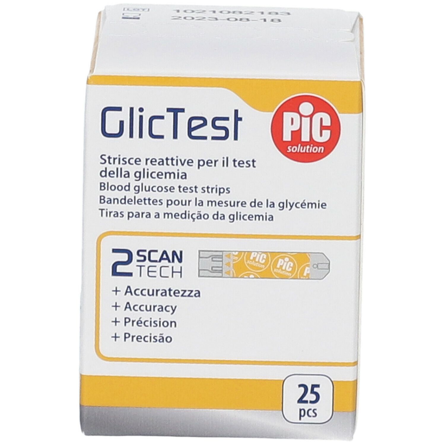 Scatola di strisce GlicTest, soluzione PIC. 25 pezzi. Illustrazione delle strisce.