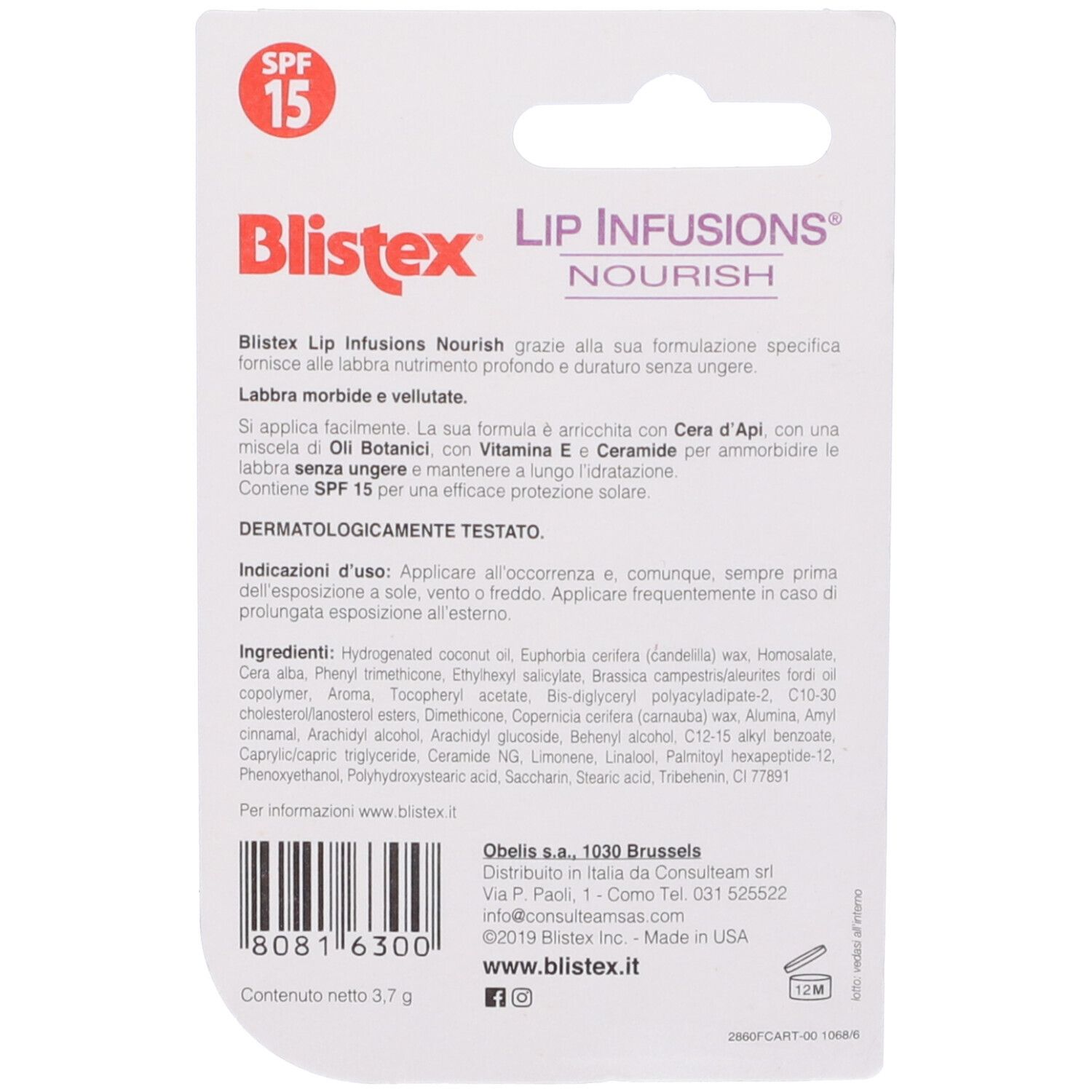 Confezione di Blistex Lip Infusions Nourish. Contiene SPF 15. Testo in italiano.