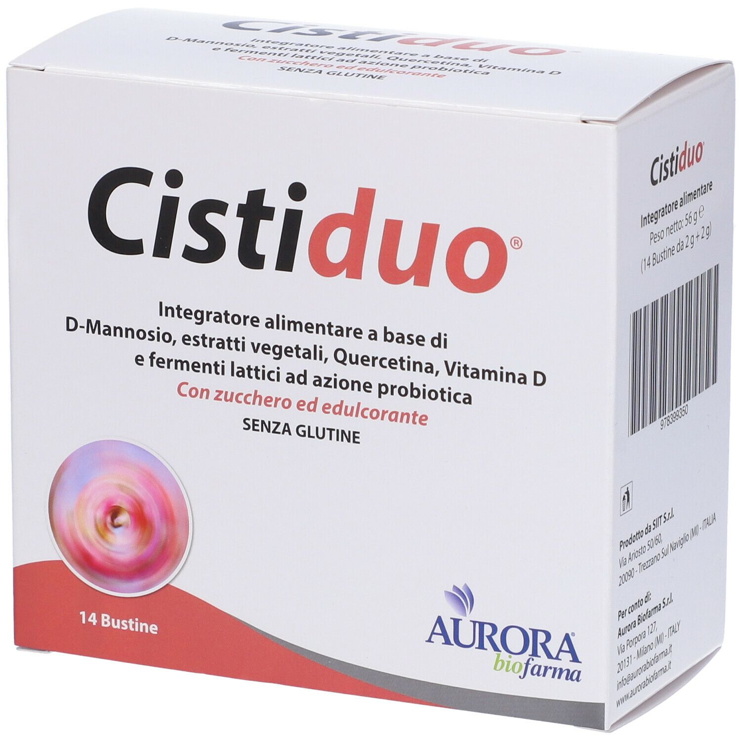 Scatola bianca "Cistiduo". Integratore alimentare con D-Mannosio, estratti vegetali, vitamina D e probiotici. 14 bustine.