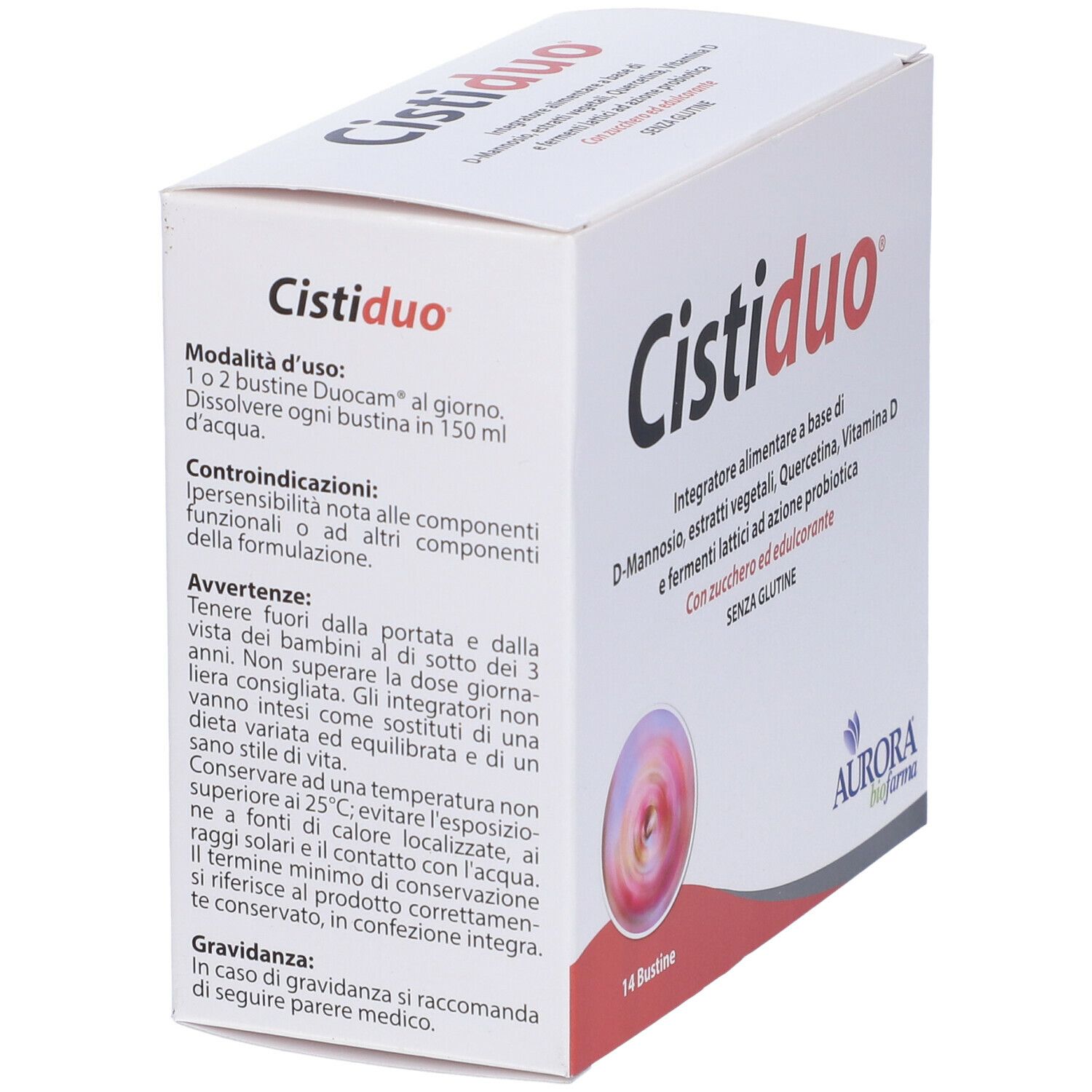 Scatola bianca "Cistiduo". Modo d'uso, controindicazioni, avvertenze. Logo Aurora Biofarma. 14 bustine.