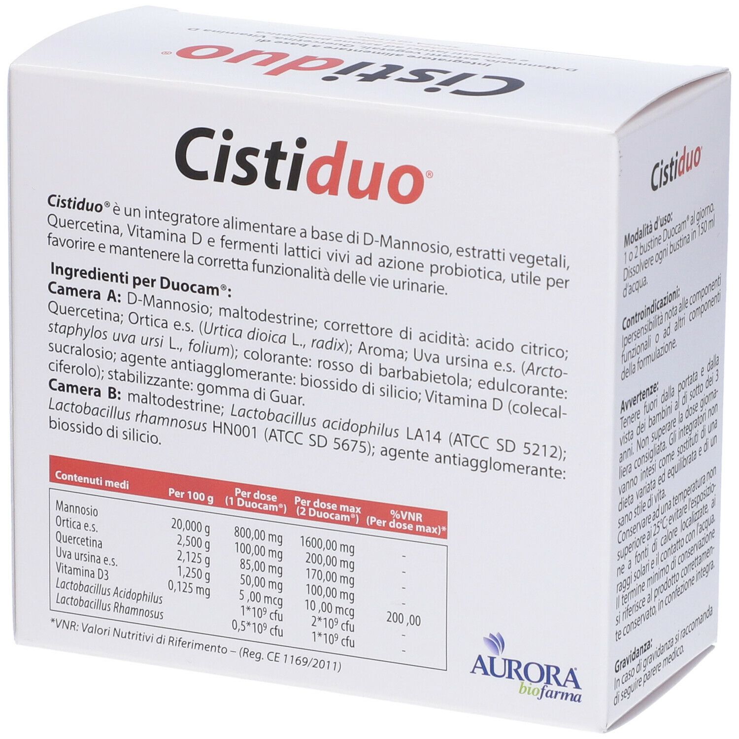 Scatola bianca "Cistiduo". Elenco ingredienti: D-Mannosio, maltodestrine, quercetina, vitamina D, probiotici. Logo Aurora.